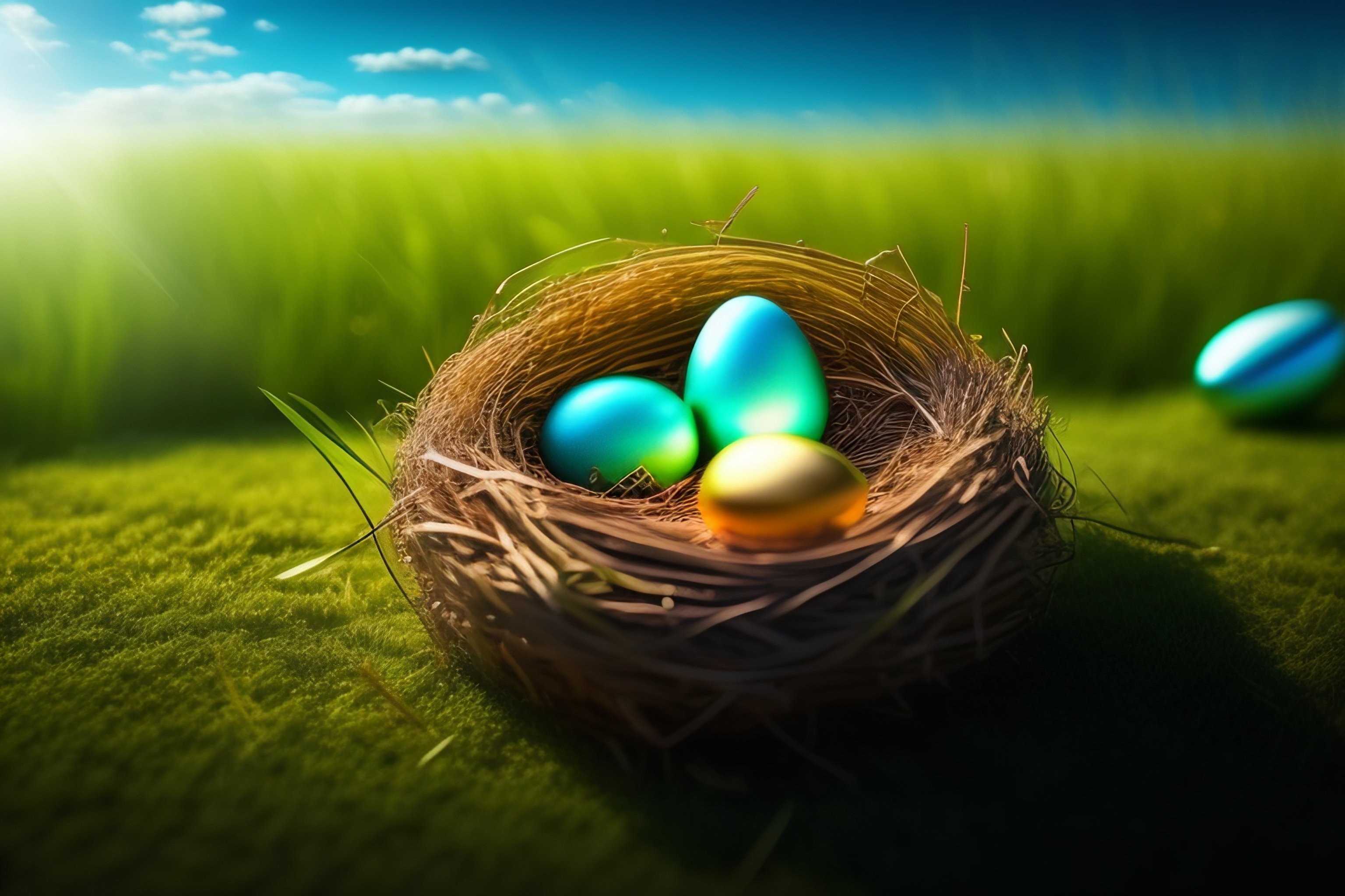 Lexica - Amazing photo if a nest with easter eggs in grass on a sunny ...