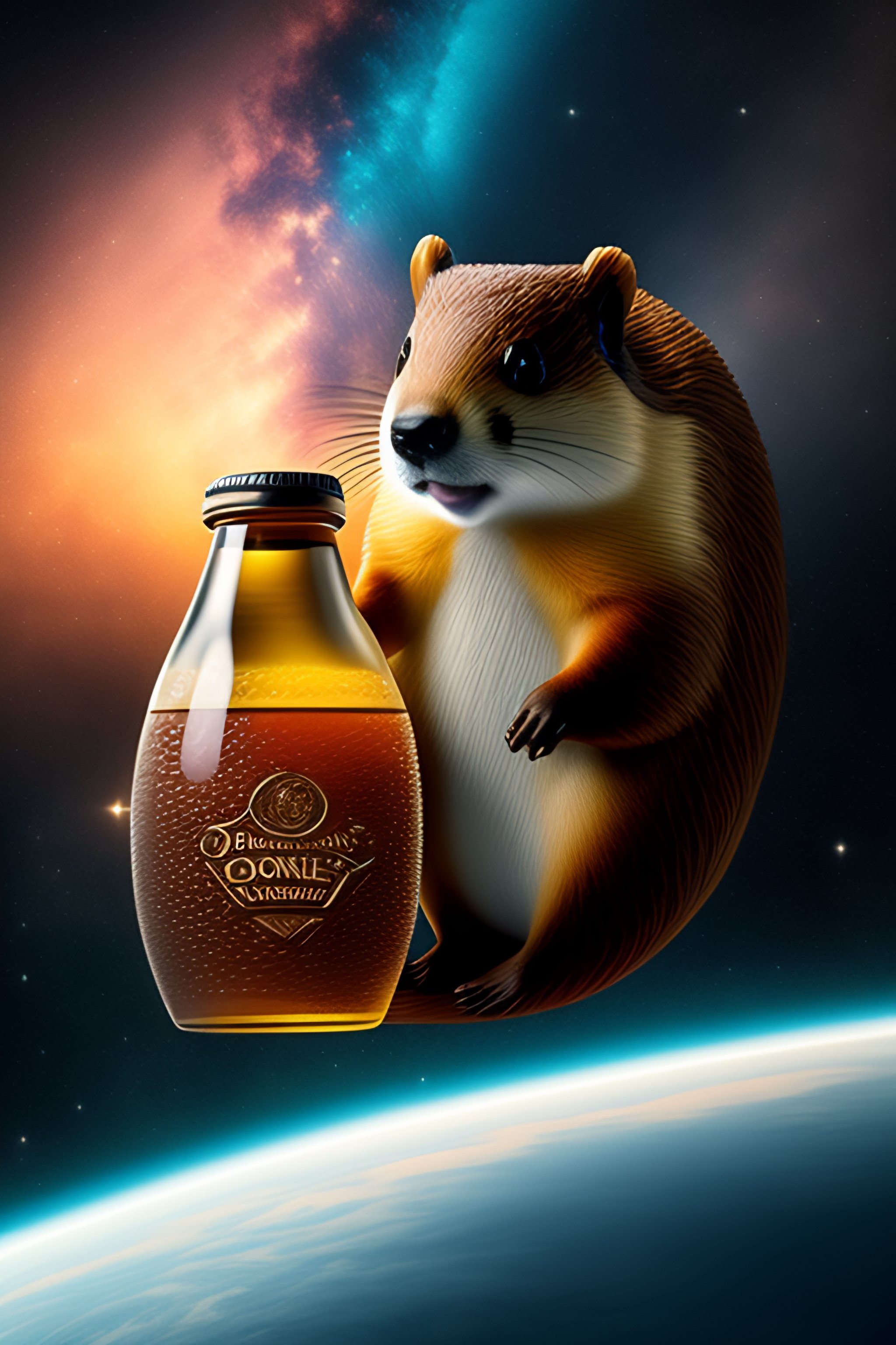 Lexica - Beaver holding moonshine beer in space, the movie
