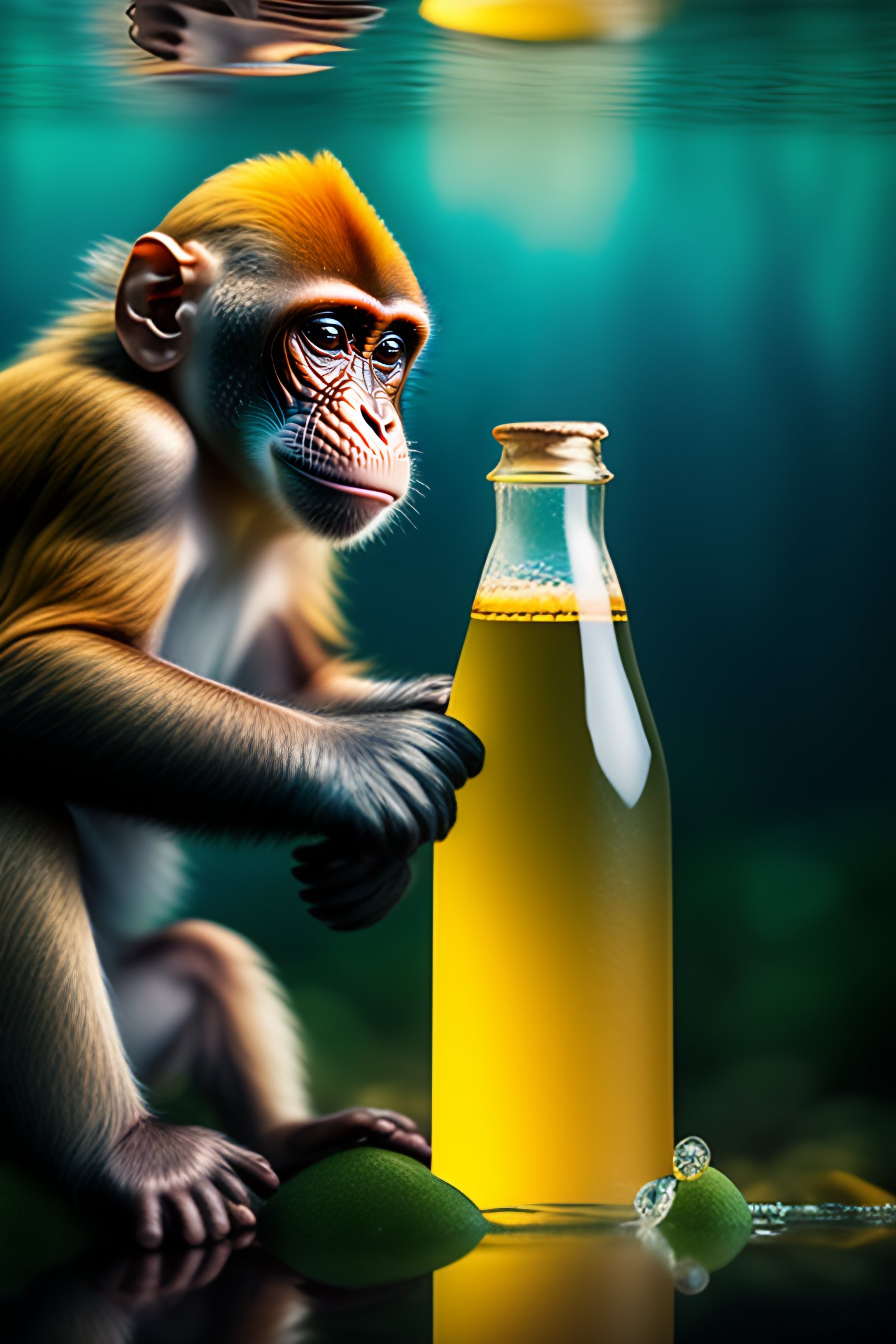 Lexica A monkey drinking a bottle underwater