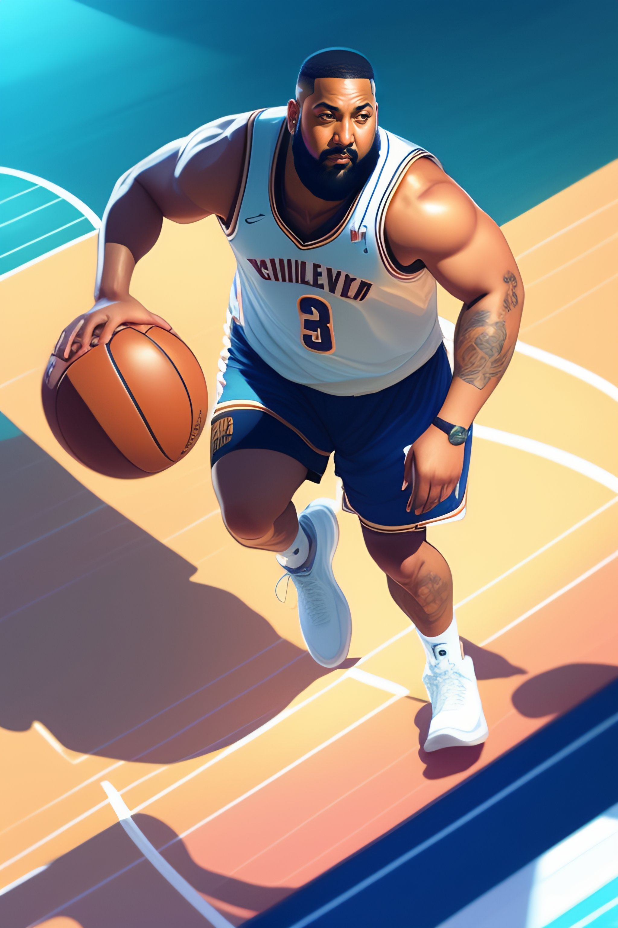 Lexica - Full body, from above, DJ Khaled playing basketball, ice