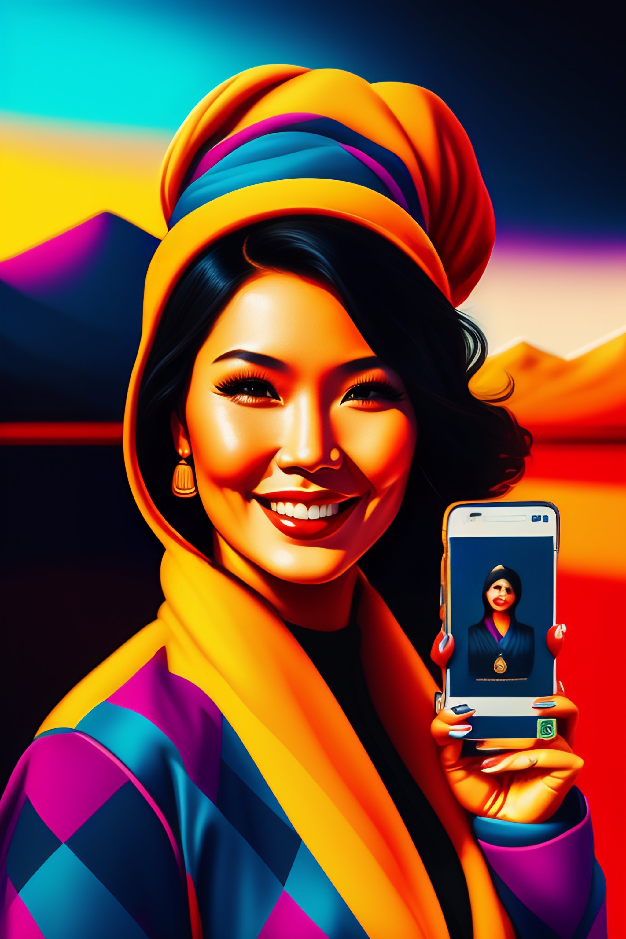 Lexica - Kazakh happy woman holding smartphone, Almaty background, Pop ...