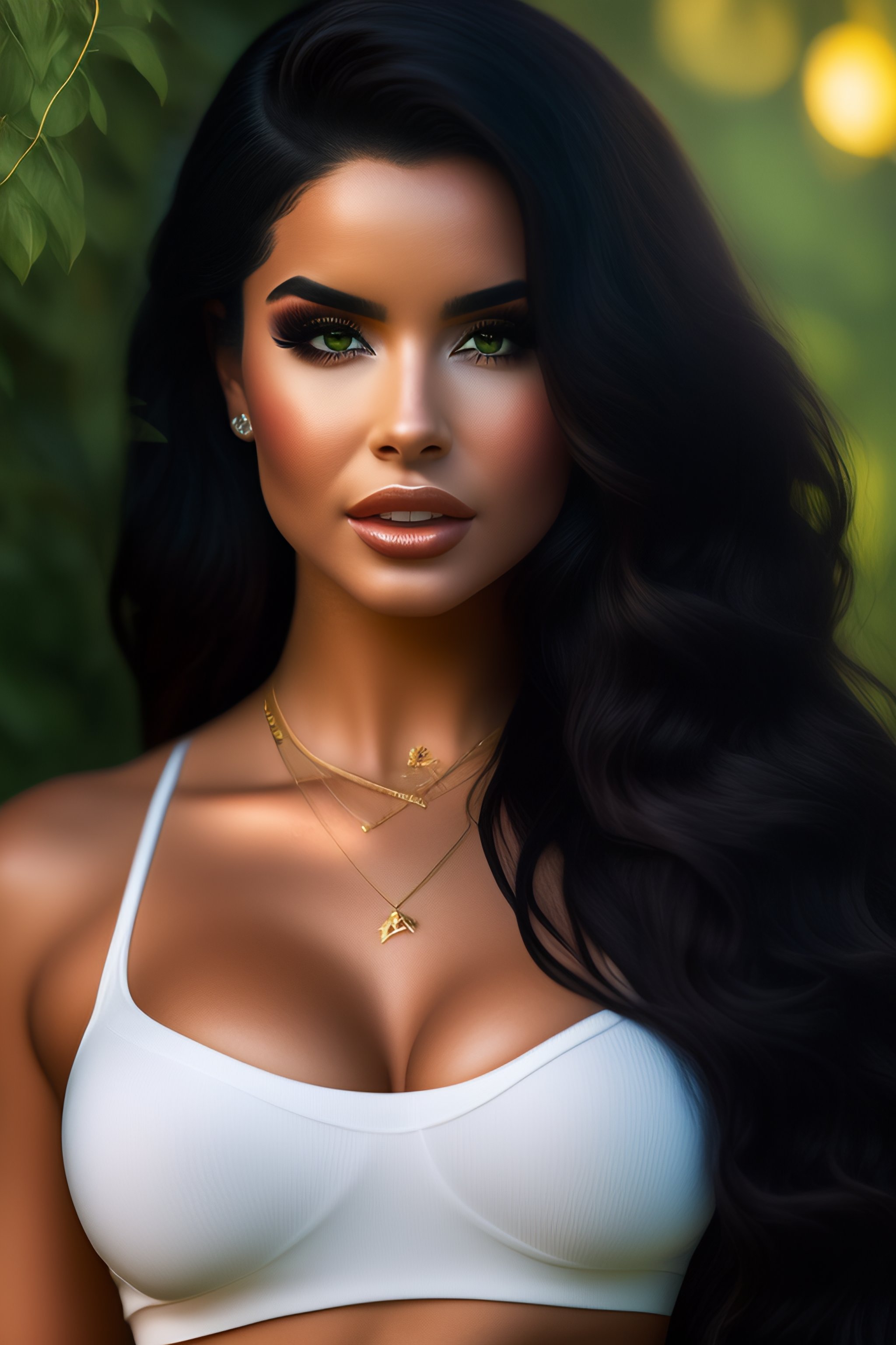 Lexica - Full body length studio photos of Demi Rose with black hair and  green eyes, wearing t-shirt and jeans, beautiful face, photorealistic, high