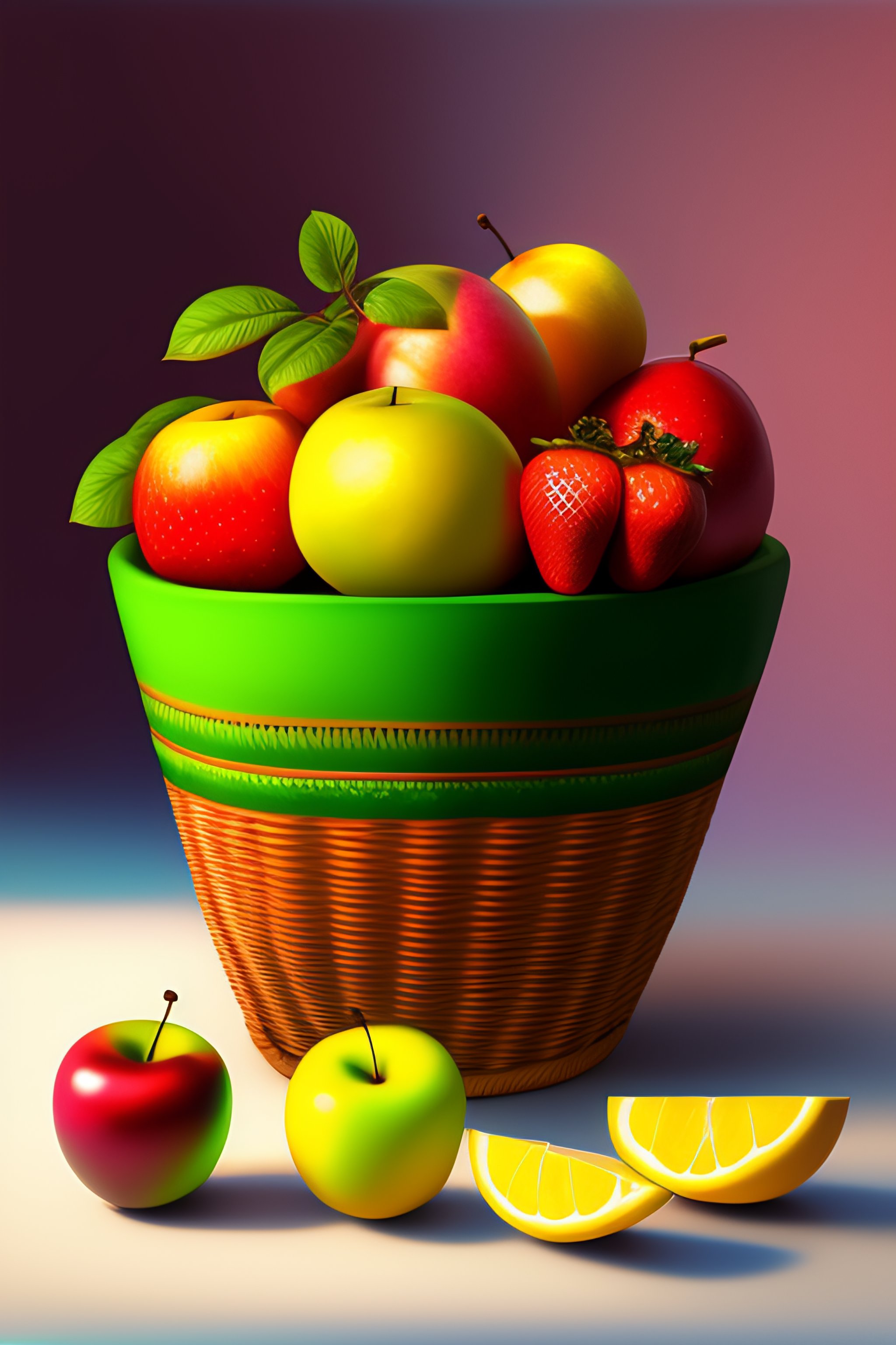 Lexica Photorealistic painting of a fruit basket with fruit and toys