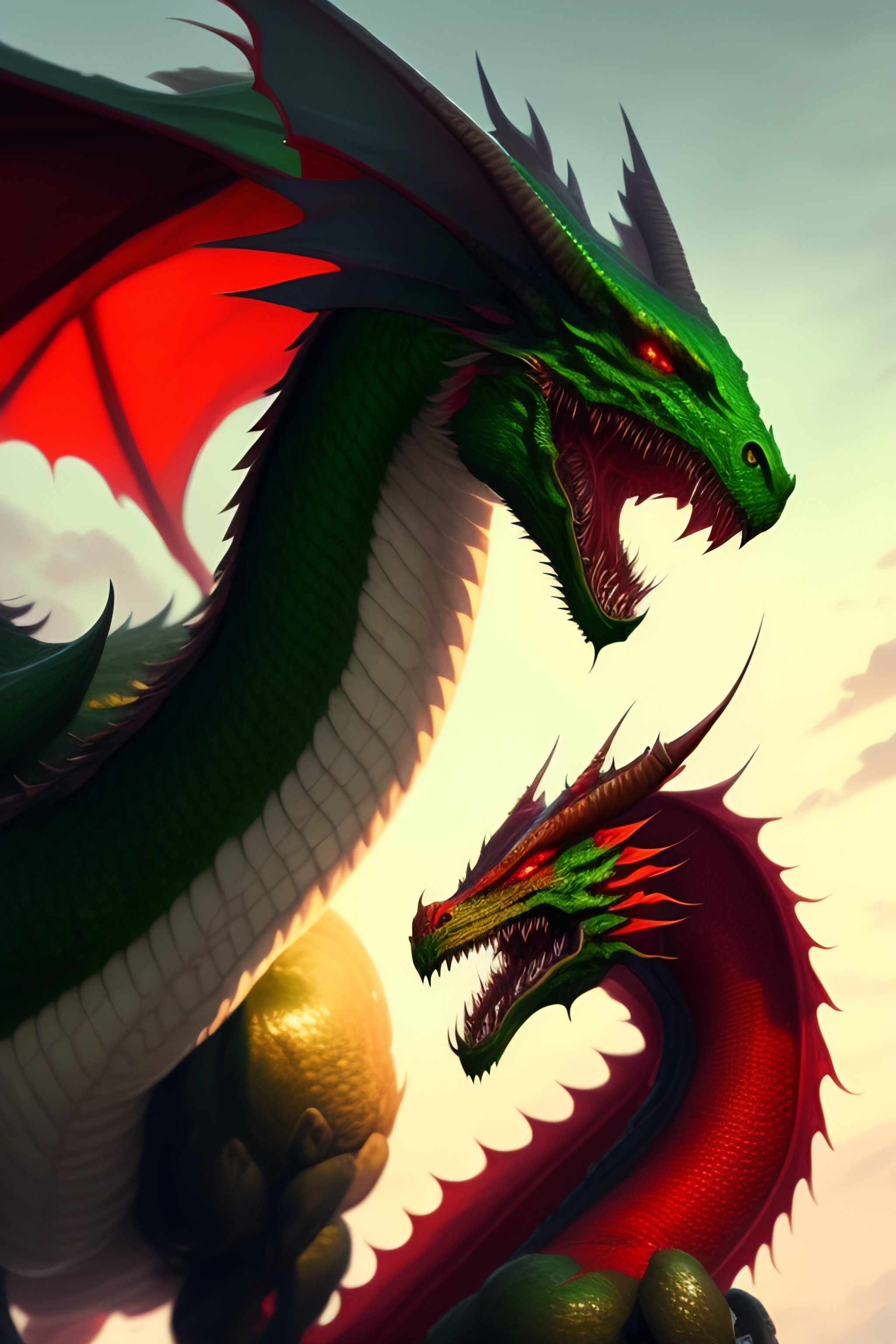 Lexica - One green dragon fighting a red dragon in the sky, by greg ...