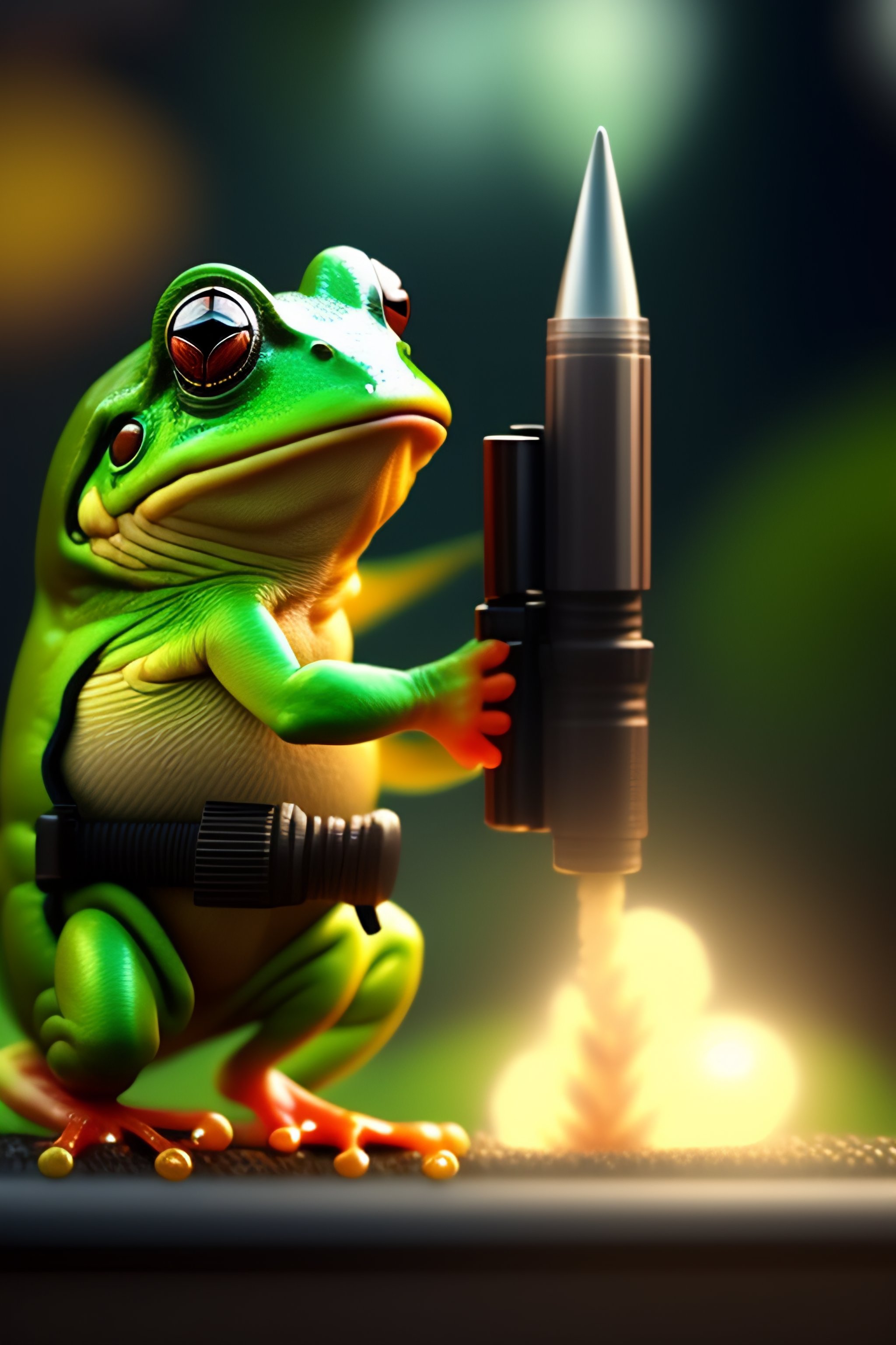 Lexica - A frog wielding a rocket-launcher from a video game.