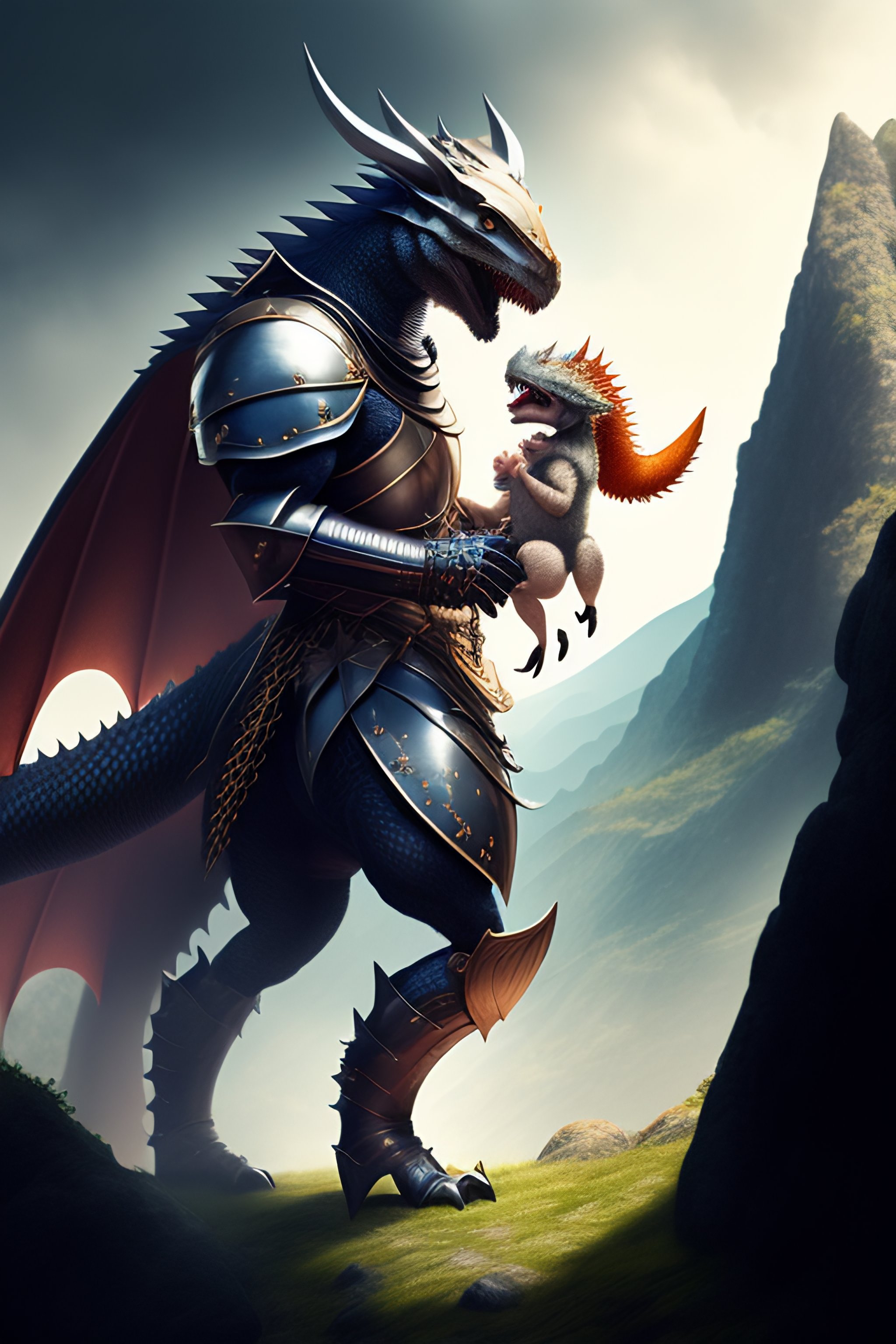Lexica - Knight fighting a baby dragon in the mountain
