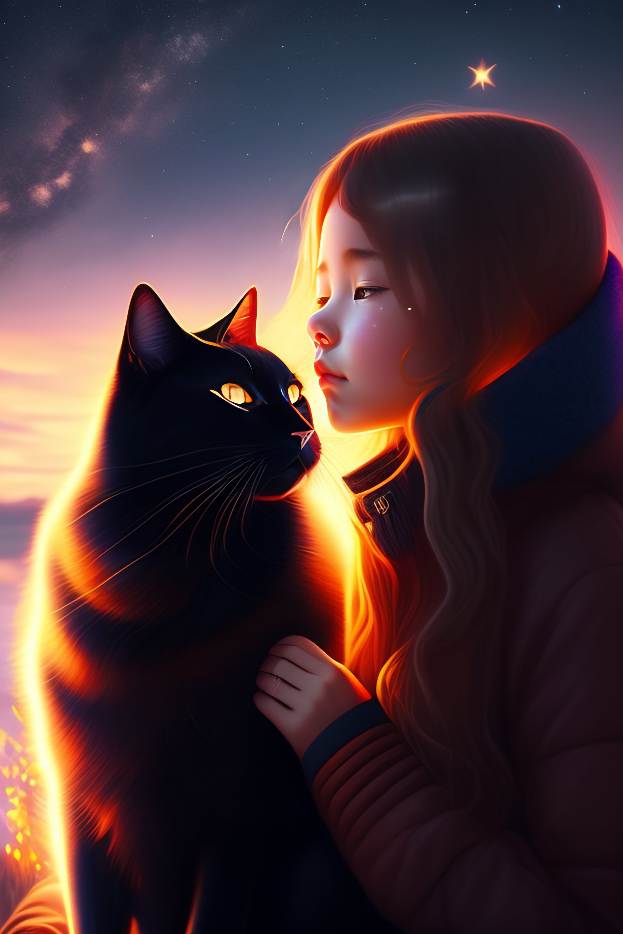 Lexica - A girl and a black cat looking at the stars, campfire, night ...