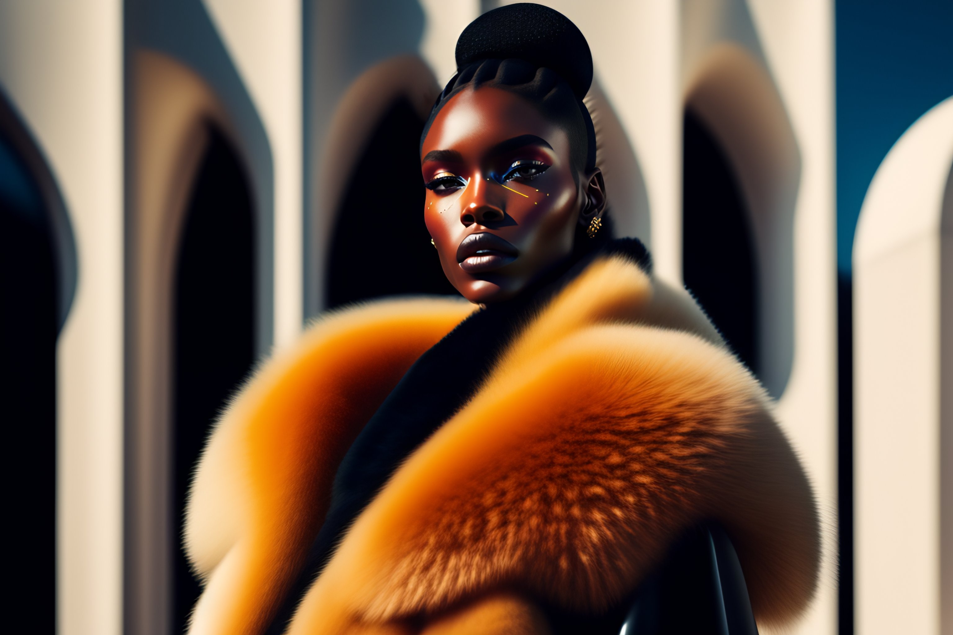 Lexica - Hyperrealistic Haute Couture Fashion Model Wearing Black Fur ...