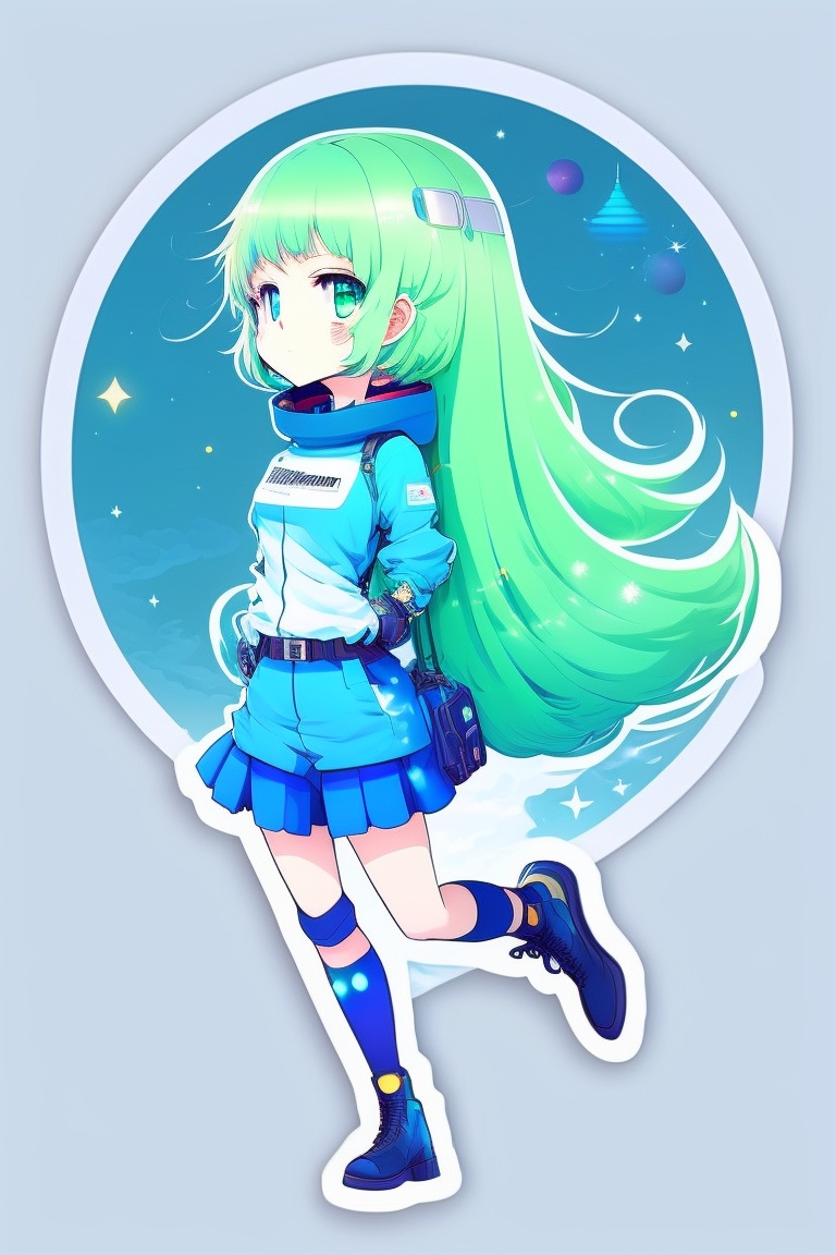Lexica - (anime:1.3) (Sticker of Space girl flying) blue bob