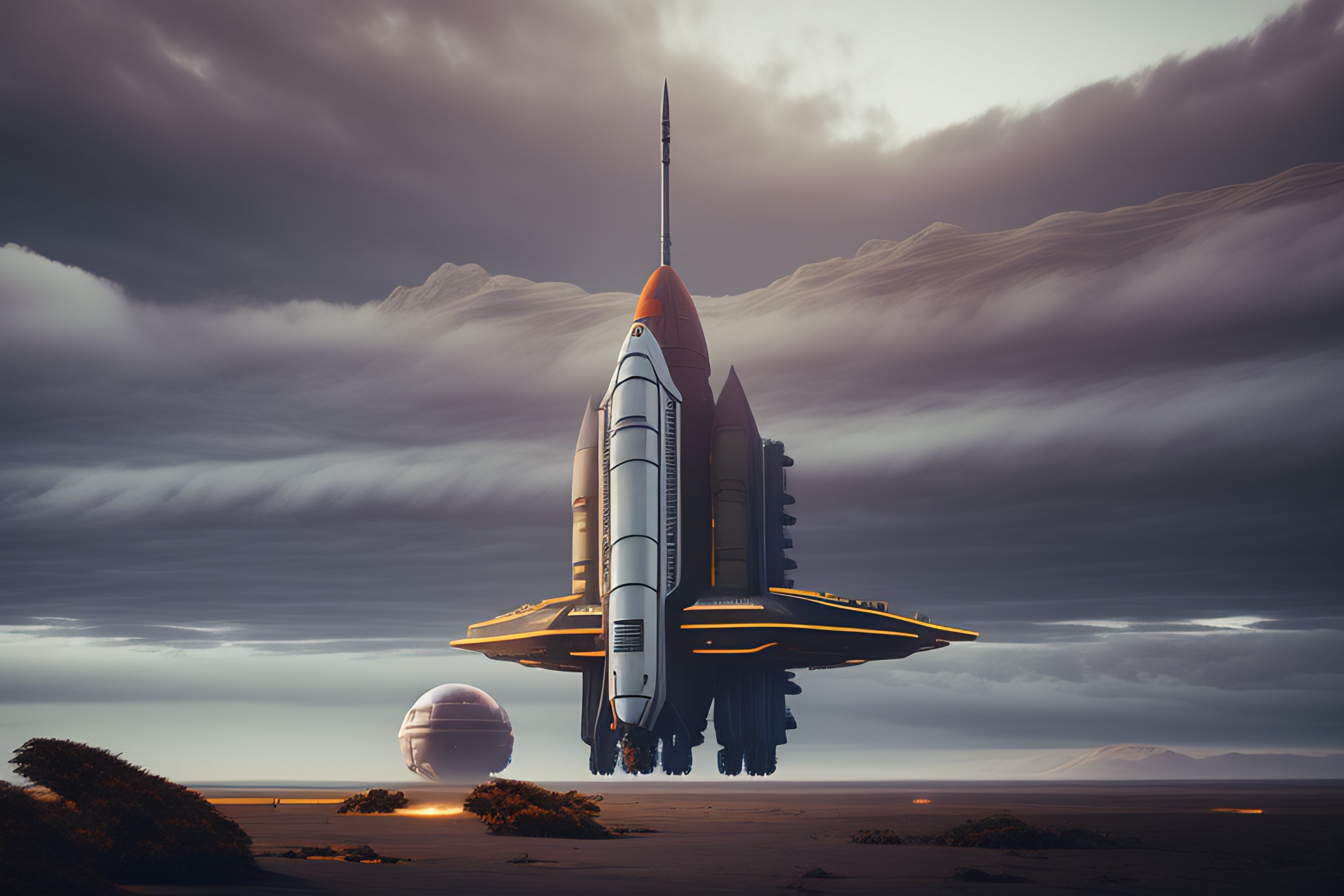 Lexica - Giant scifi space rocket, fired from launch platform, exhaust ...