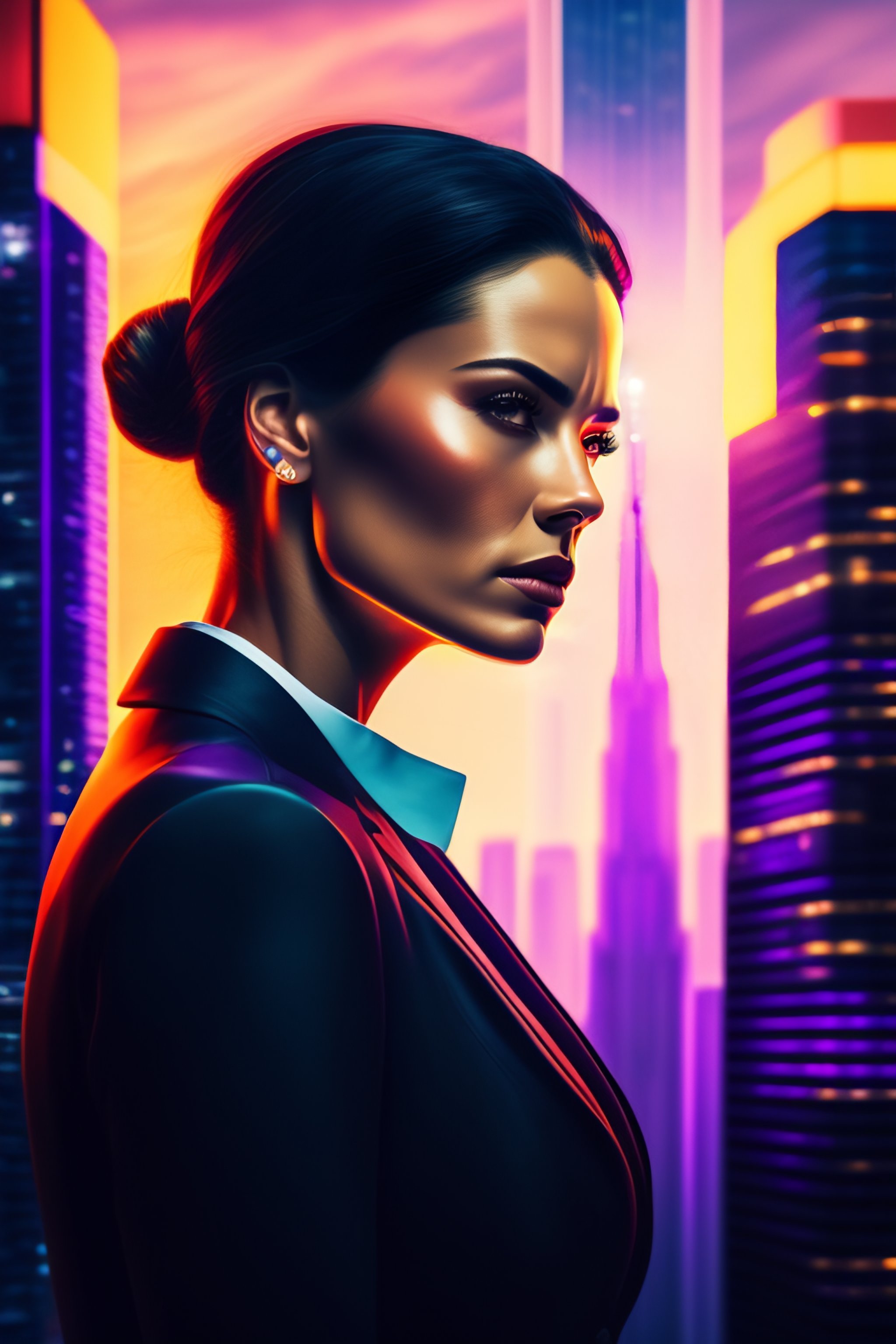 Lexica - In the portrait, woman stands atop a skyscraper, her fists ...