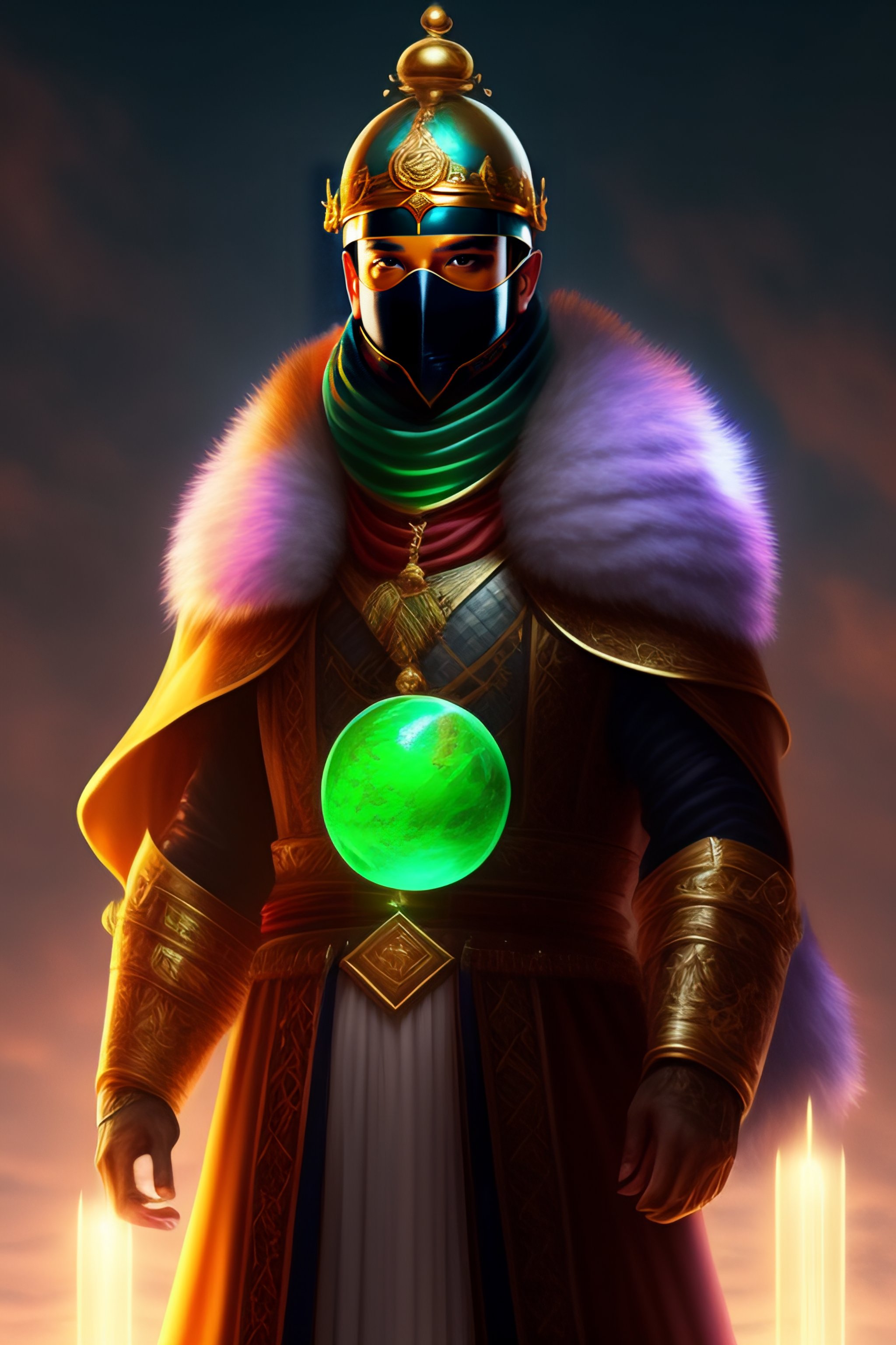 Lexica - Magician man, goggles on neck, jade helmet