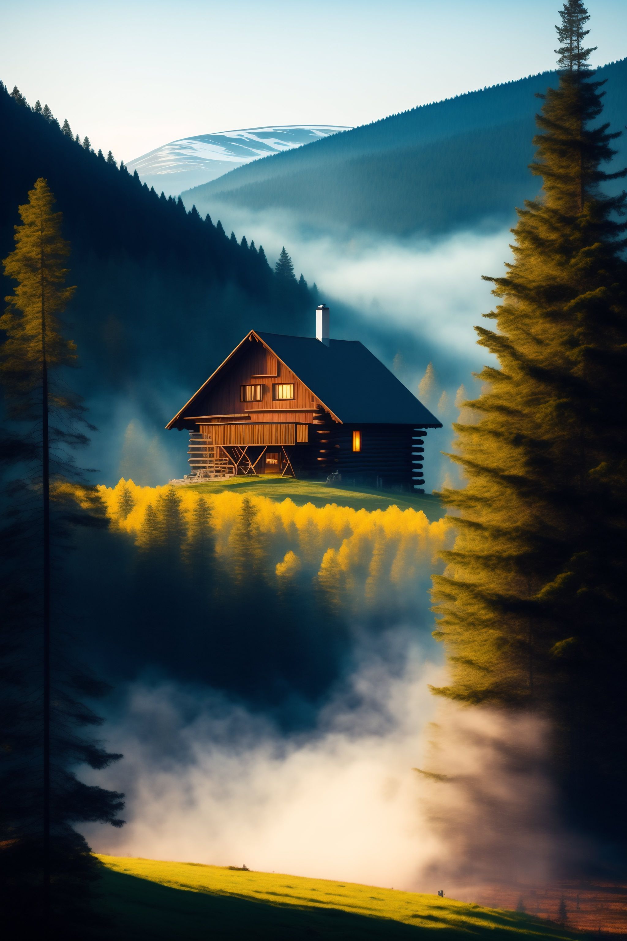 Lexica - Cabin in the woods with forest ire in the background and smoke