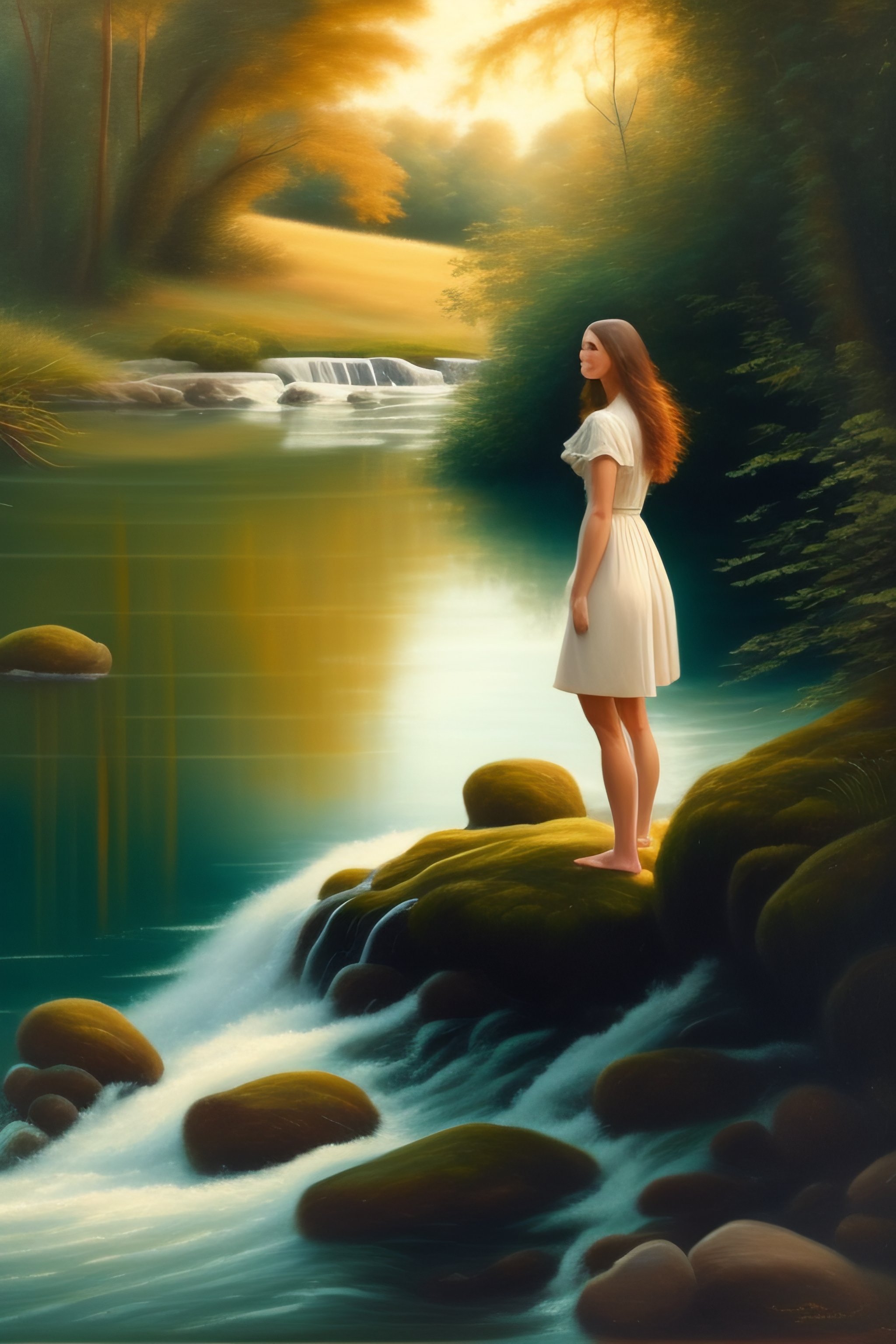 Lexica - A young woman in front, with her feet in the water of a stream ...