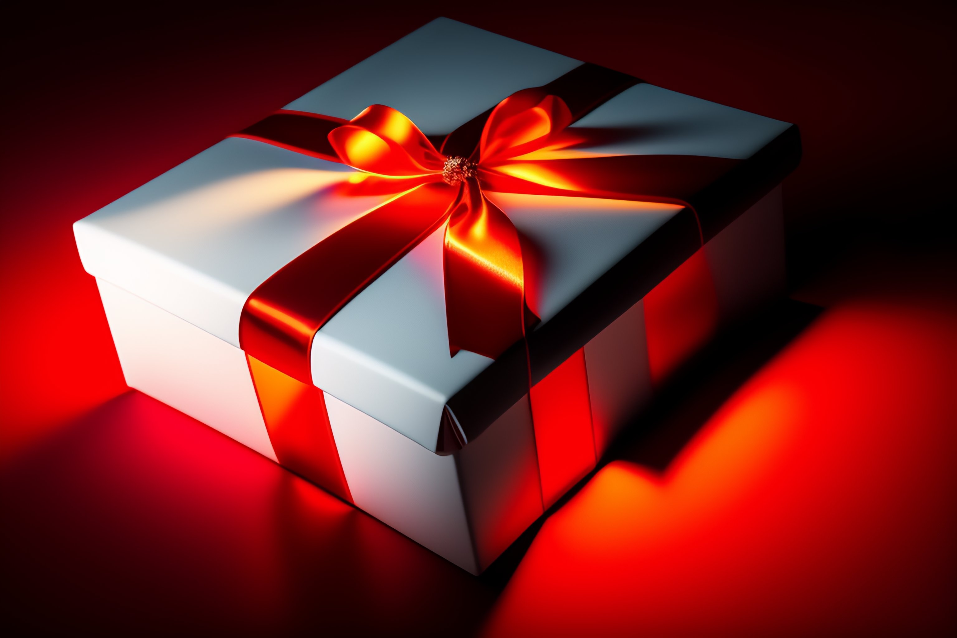 Lexica - Open gift white box with glow inside, red undone ribbon