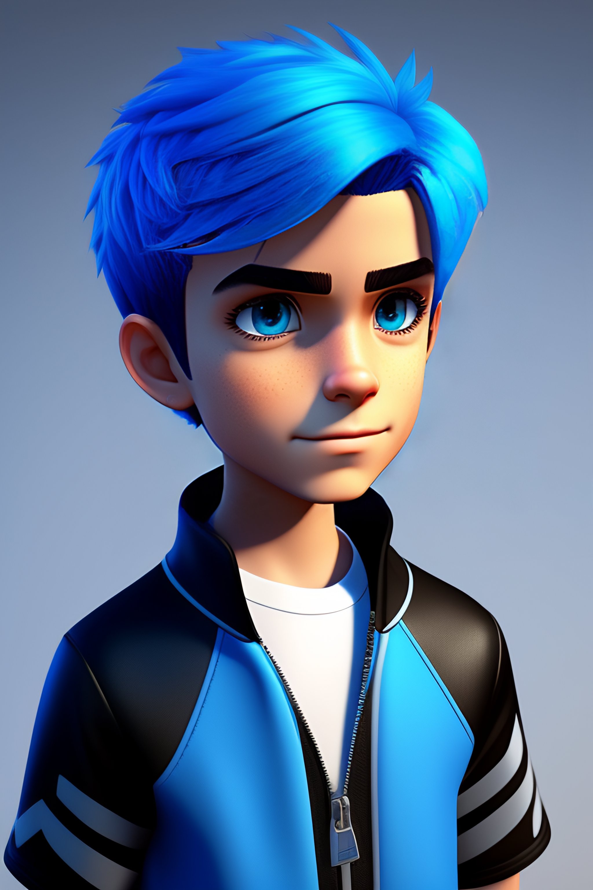 Lexica - Blue hair boy in black zipper top, pixar style, 3d style ...