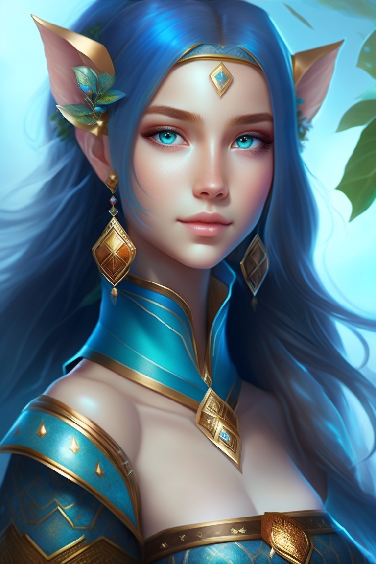 Lexica - Beatiful elf girl, aquatic, blue skin, brown eyes
