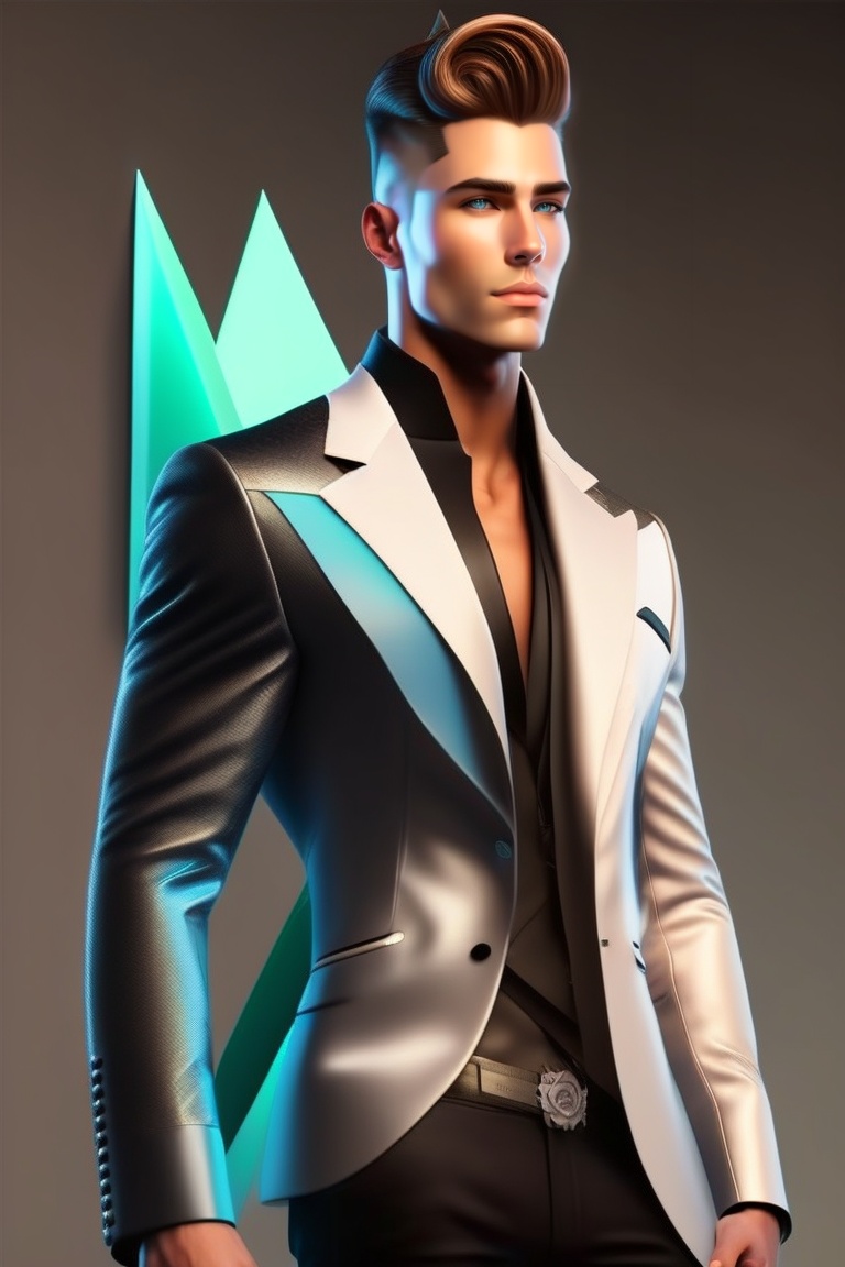Lexica - Android man, white jacket, blue triangle on jacket, black ...