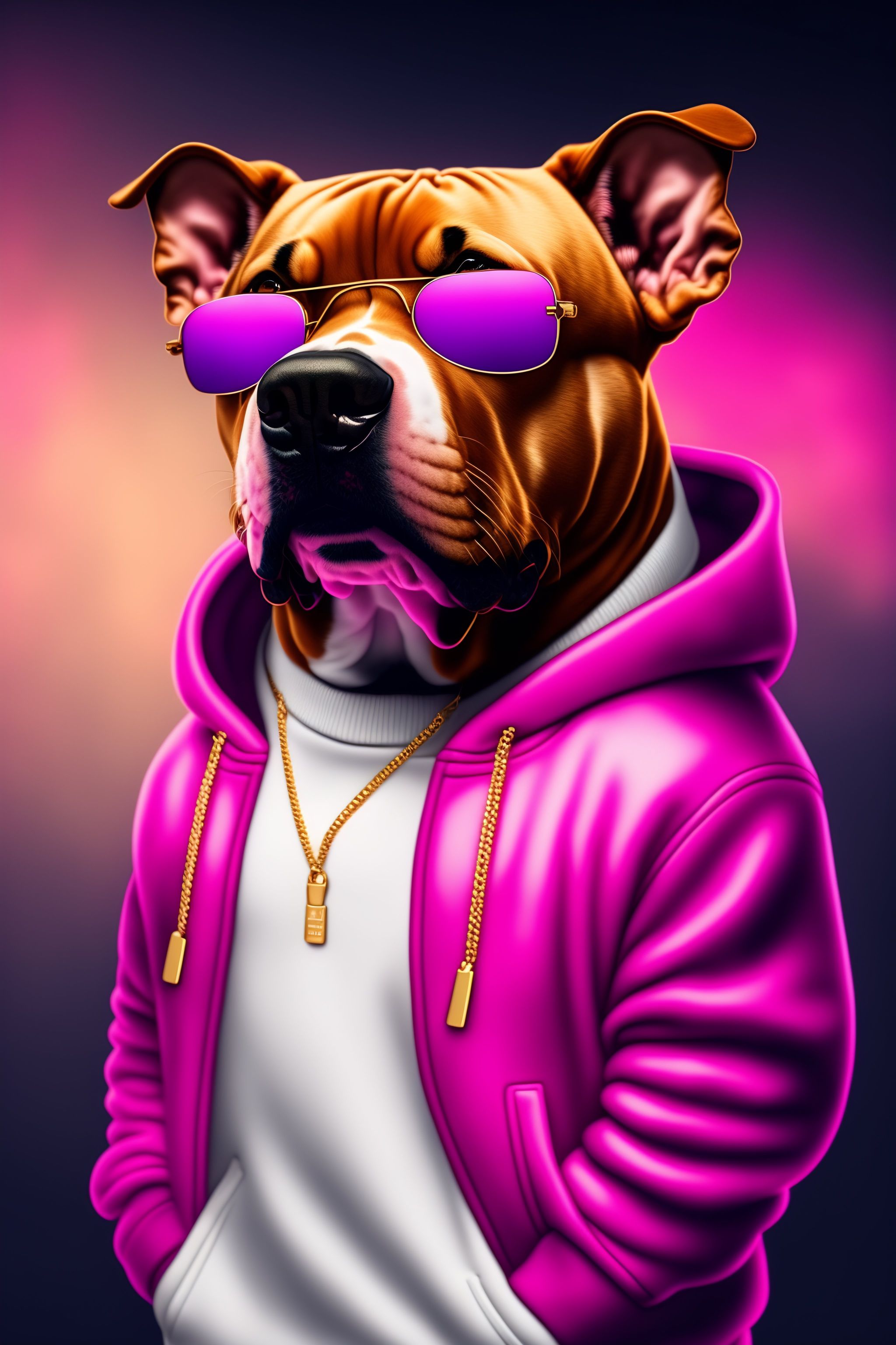 Lexica - A stuffed pitbull wearing a pink hoodie and gold glasses ...