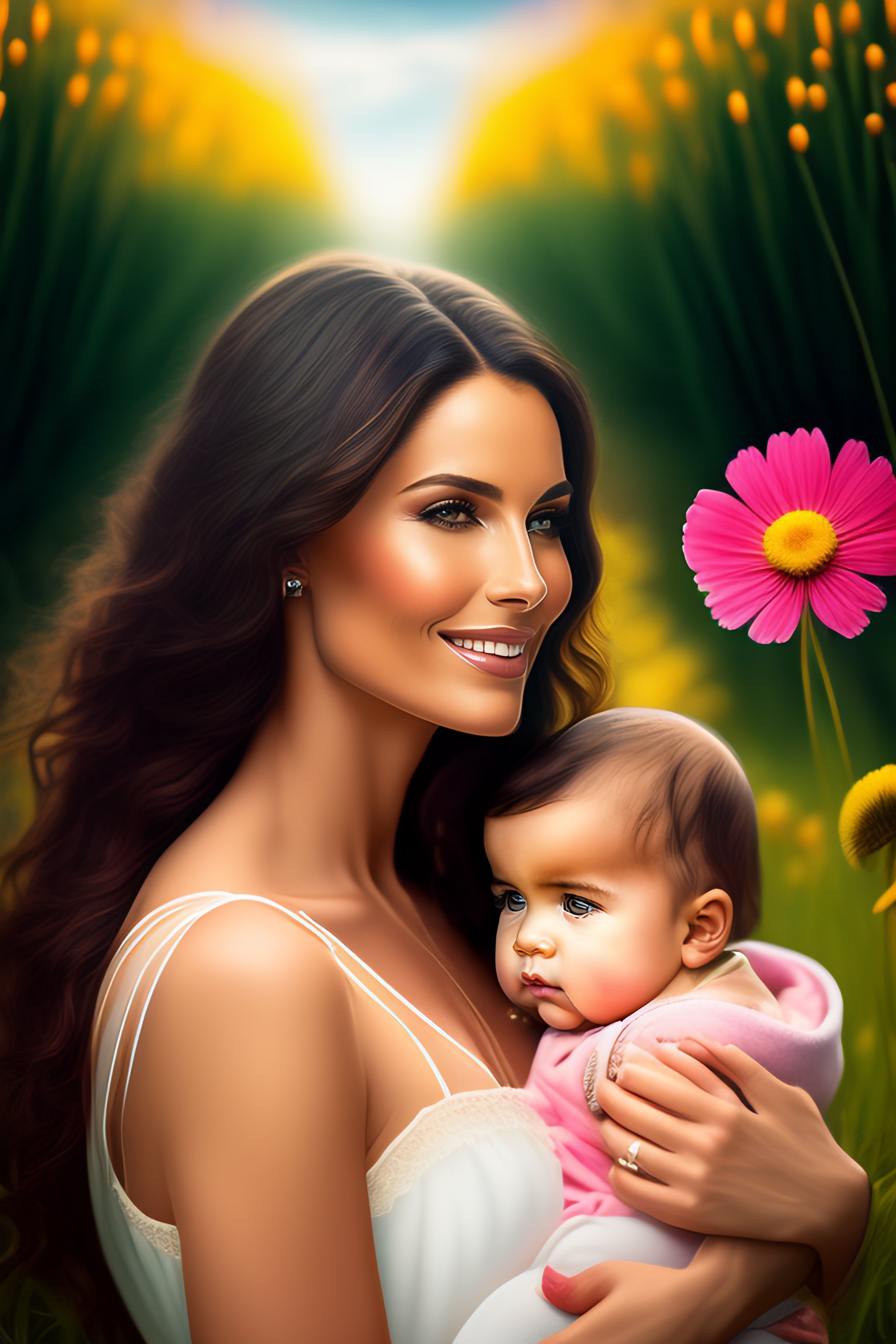Lexica - 2 of hearts, woman holding a baby in a field with flowers