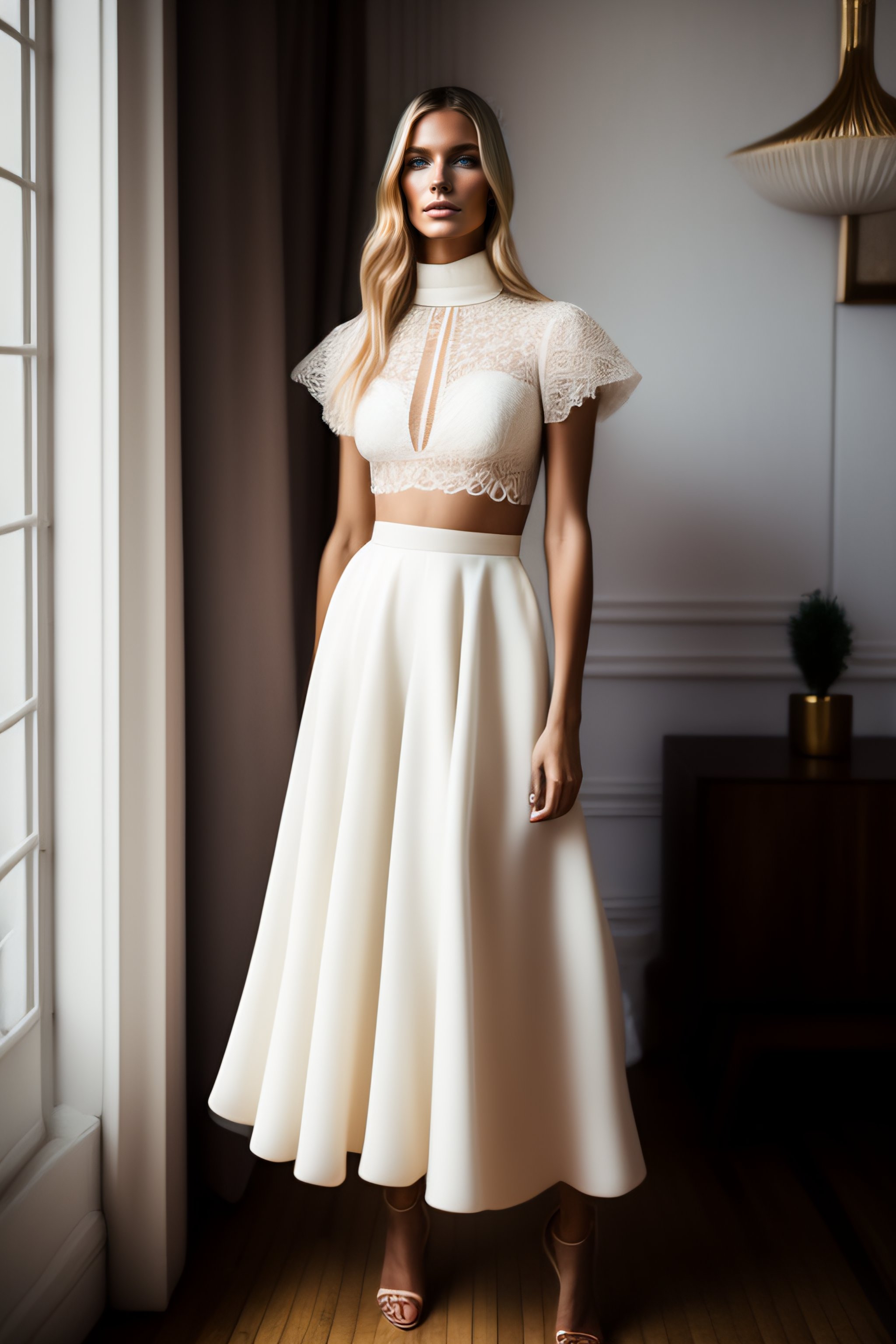 Lexica - Blond fashion model wearing a short wedding dress,ivory corded ...