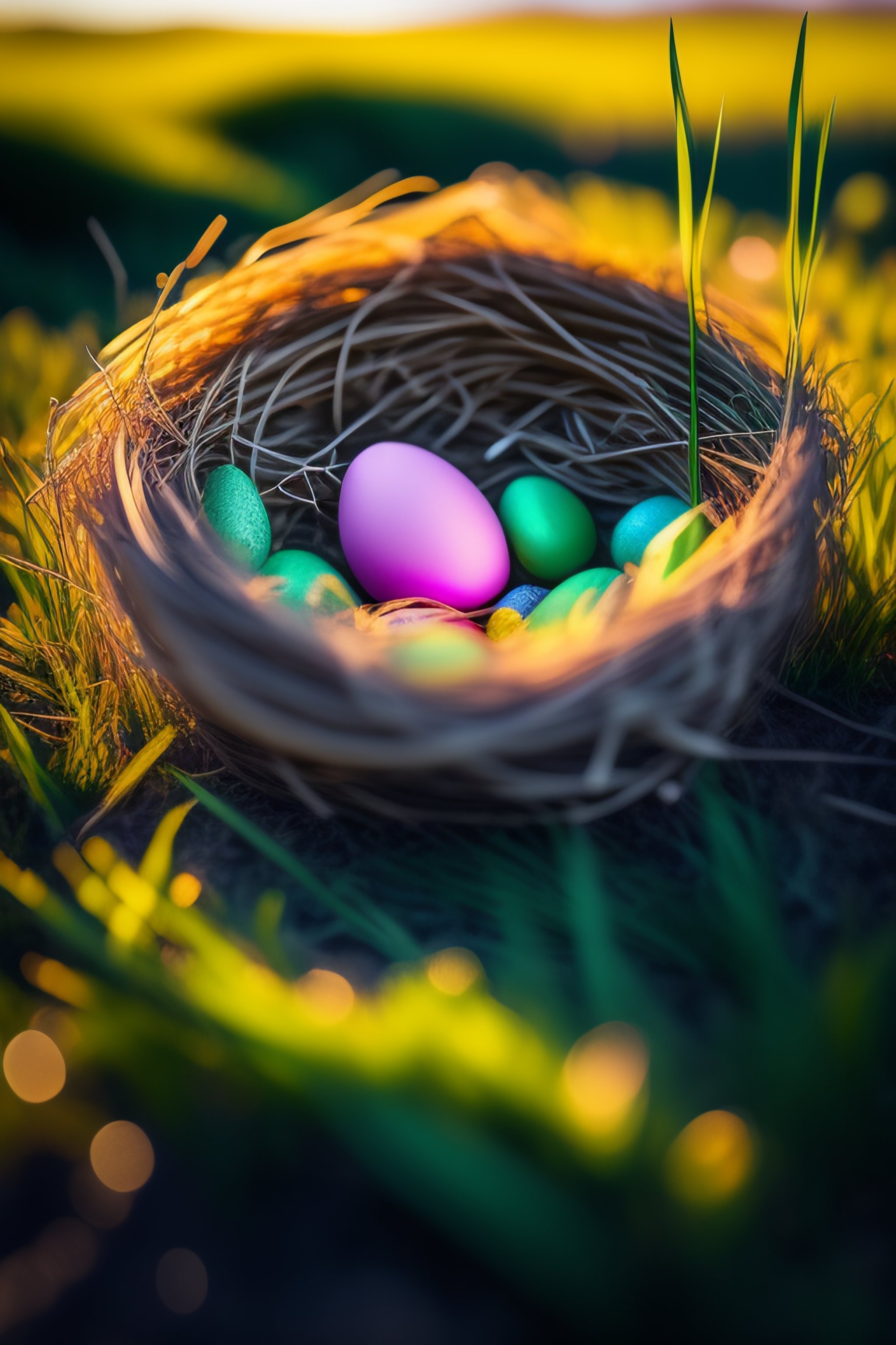 Lexica - Nest with easter eggs in grass on a sunny spring day