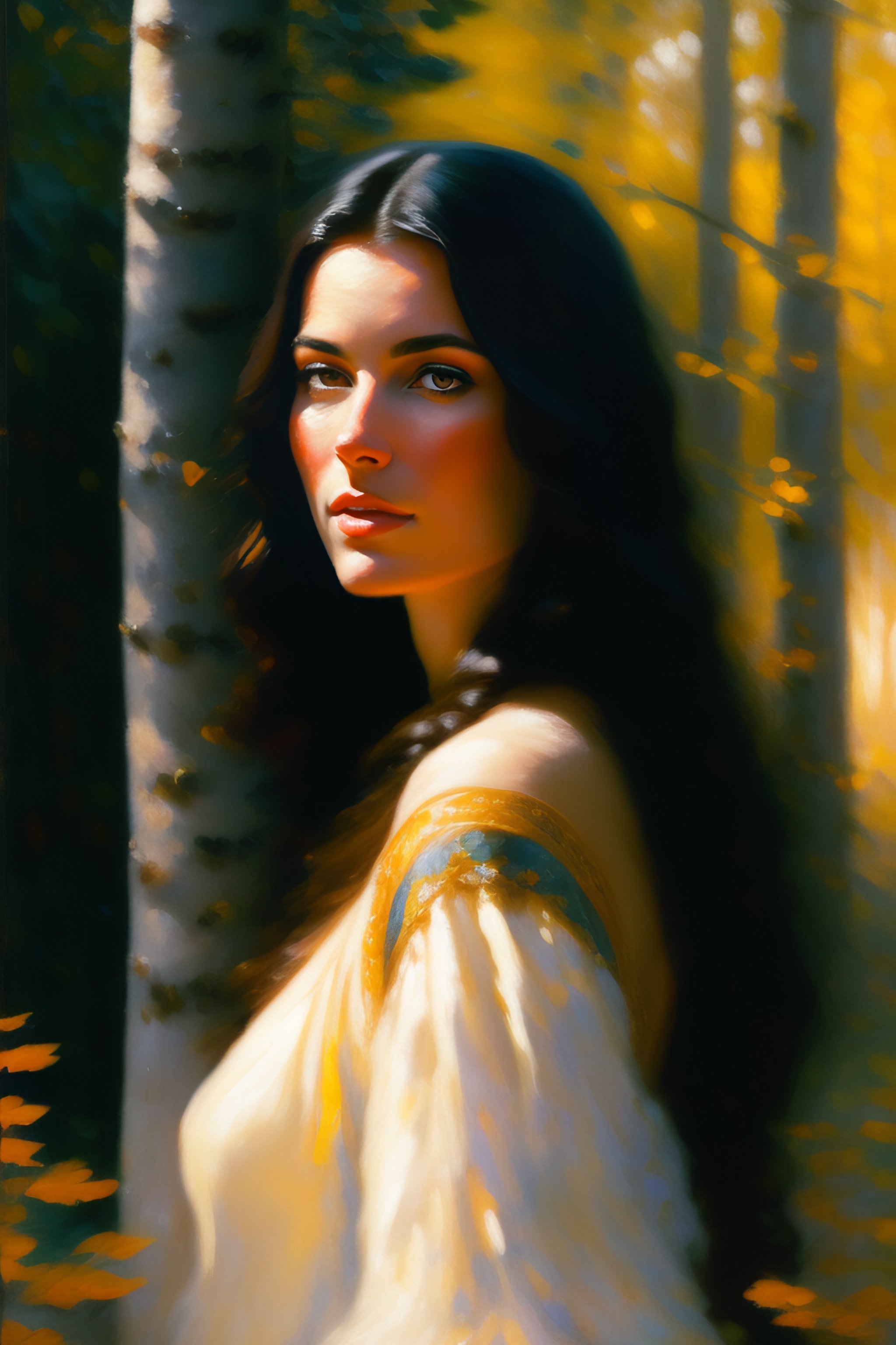 Lexica - Create a portrait of a woman with long, dark hair. She has a ...