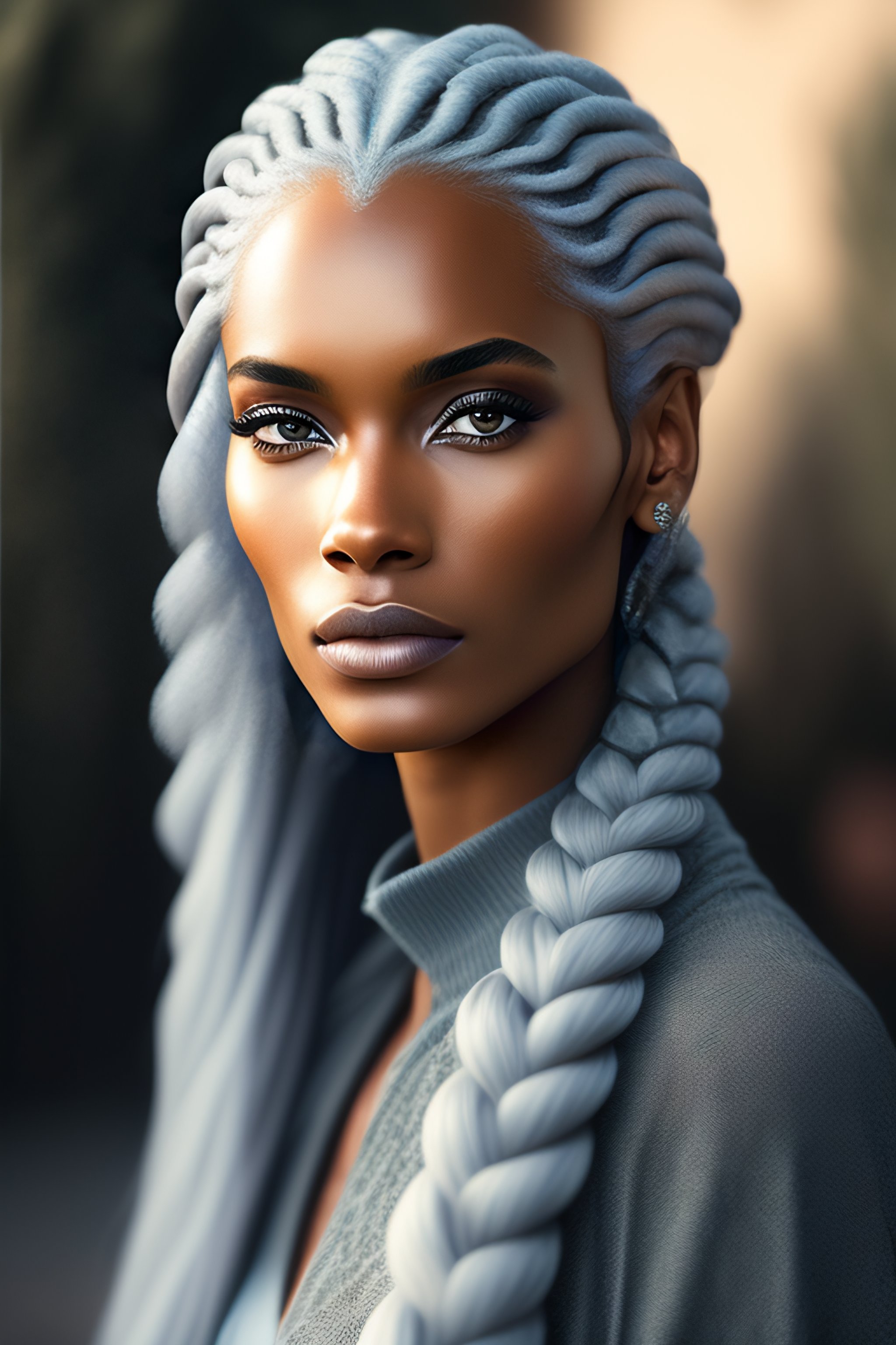 Lexica Female giant, gray hair, thin, pale bluegray skin, long braids