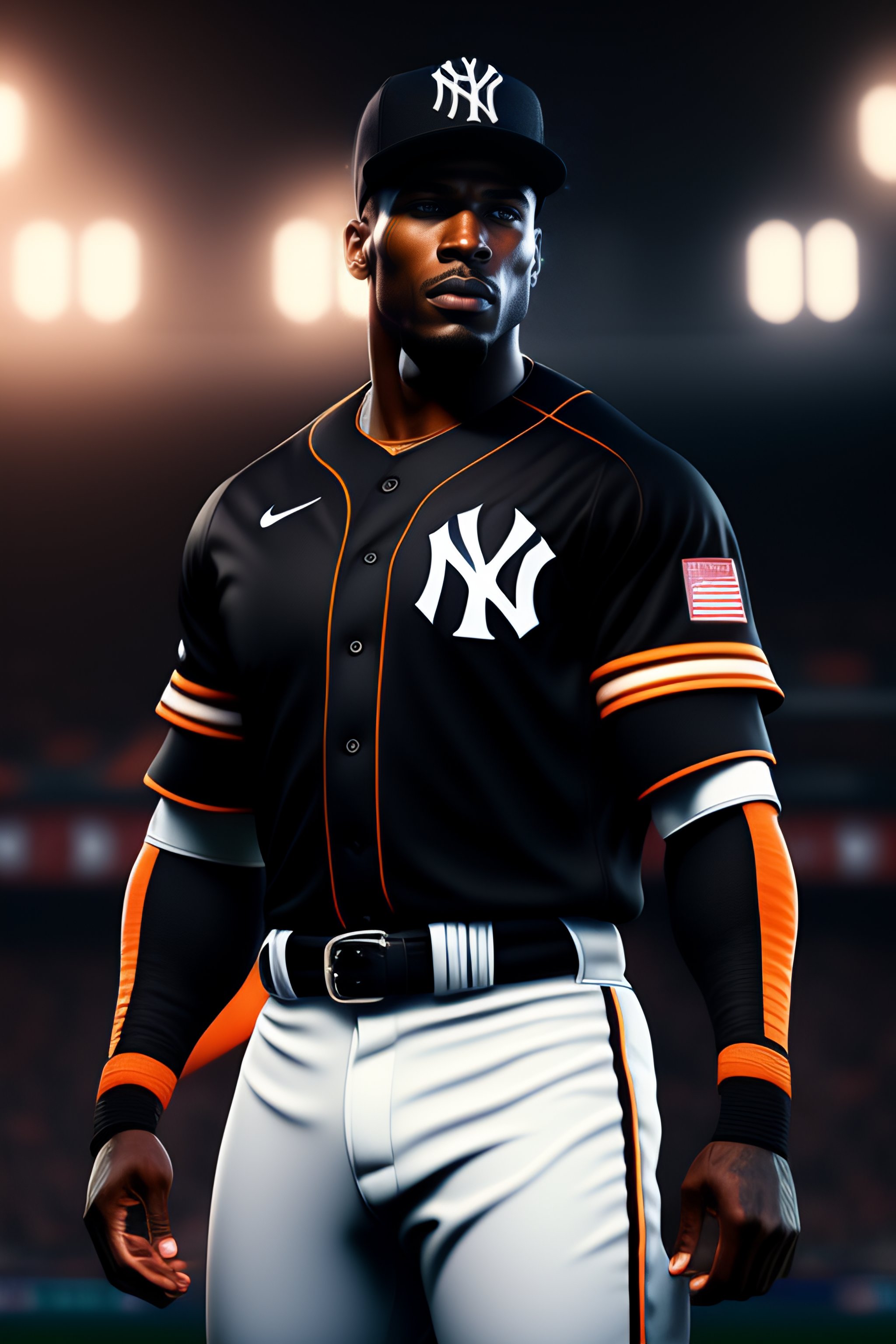 Lexica - Black and whithe New York Yankees uniform with BLACK AND ORANGE  DOUBLE STRIPES, unreal engine, cozy indoor lighting, artstation, detailed,  c