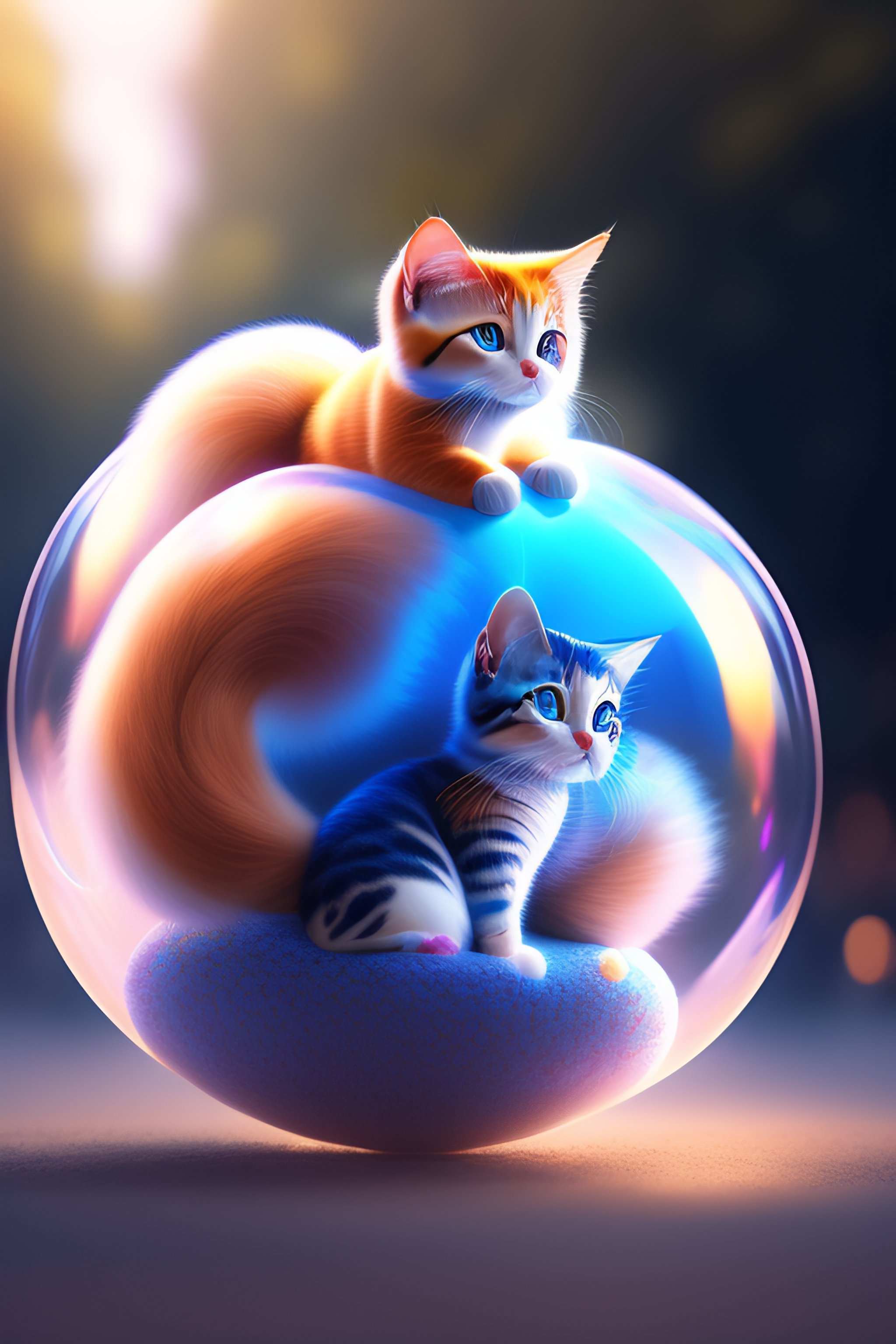 Lexica - Cinematic portrait of cute mew riding large blue bubble, oil ...