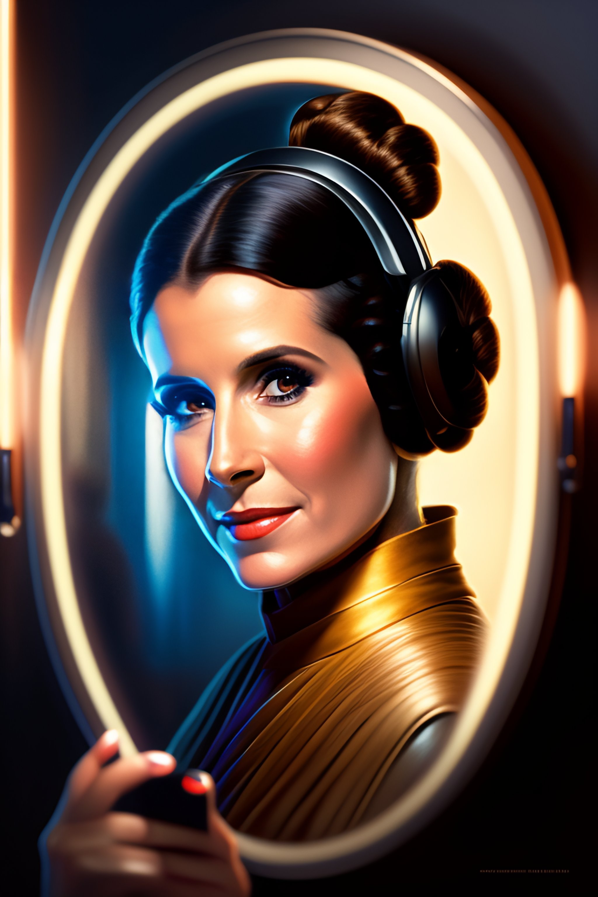 Lexica - Portrait of princess leia star wars taking a selfie smiling with  an iphone 14, looking directly at the cell phone screen and facing the  mirr...