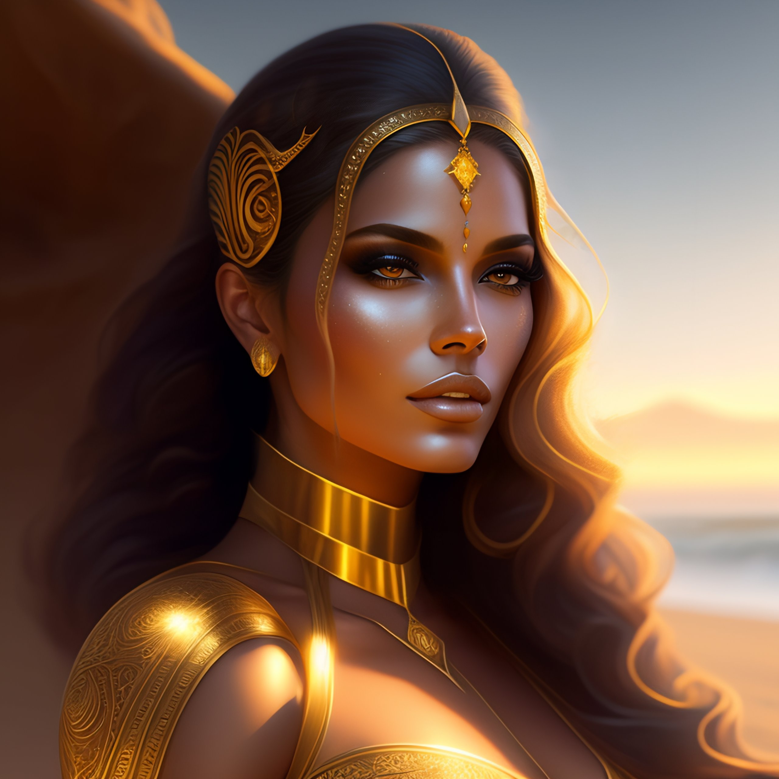 Lexica - A beautiful cinematic female sand goddess, golden dress, glow ...
