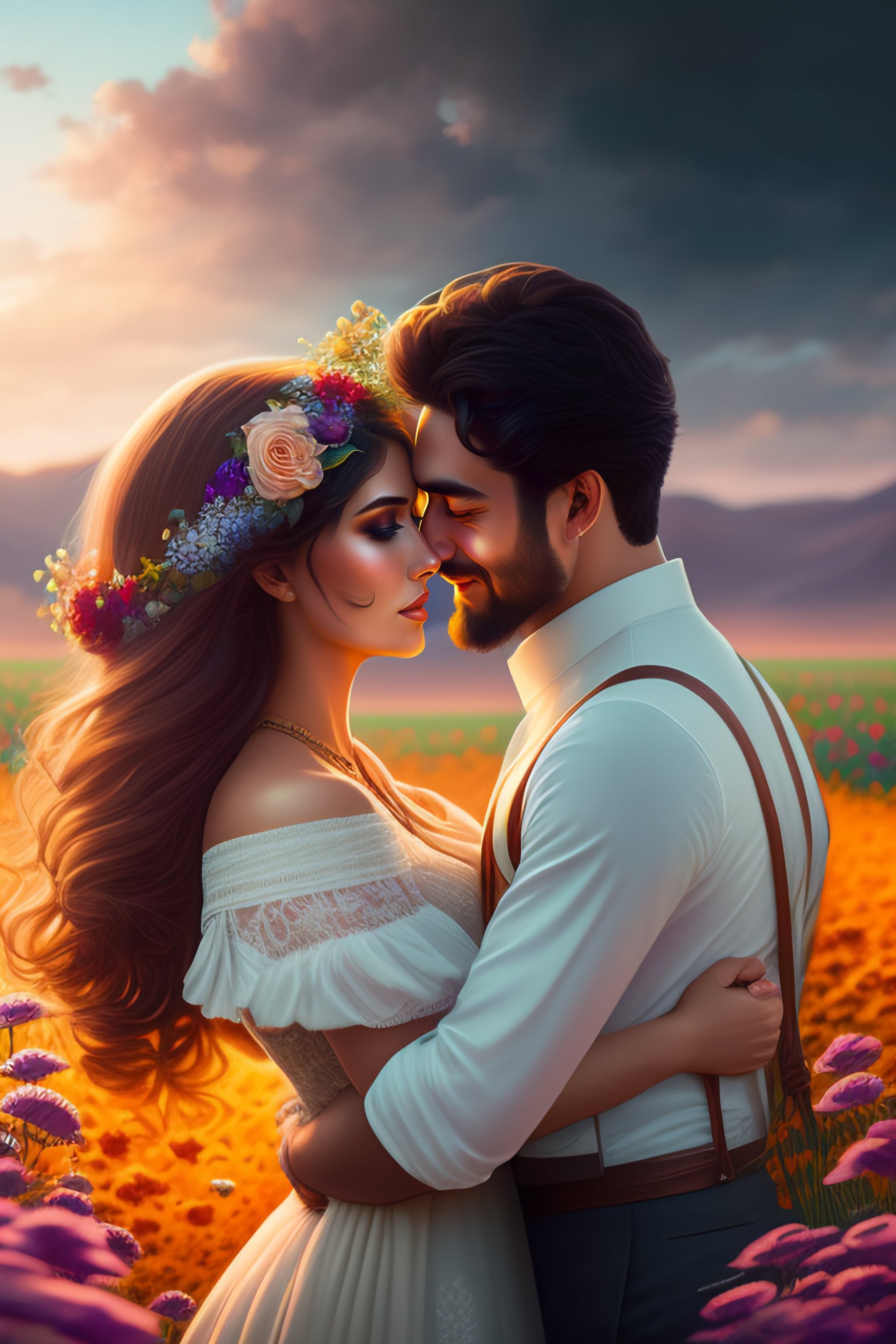 Lexica - A young couple hugging each other in a flower field at sundown ...