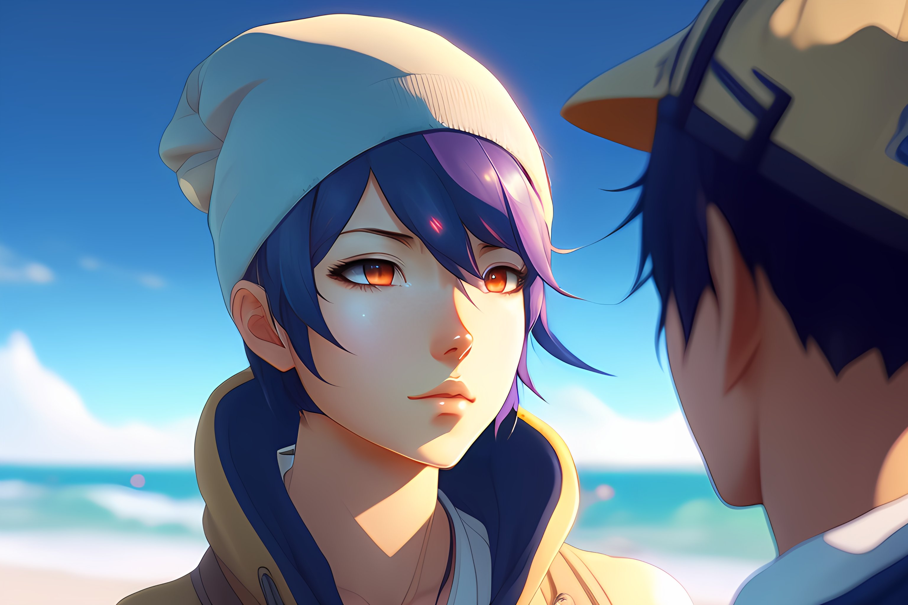 Lexica - Anime 20 years old woman with blue short hair, a beanie ,in the  beach,In her swimsuit, atmospheric lighting, detailed face, by makoto  shinka...