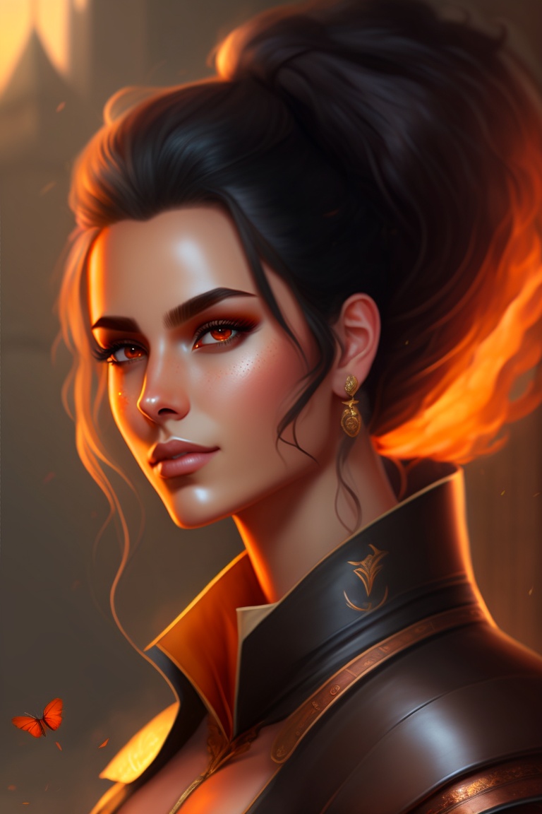 Lexica - Female, aasimar, warlock, black hair, man bun, copper eyes,