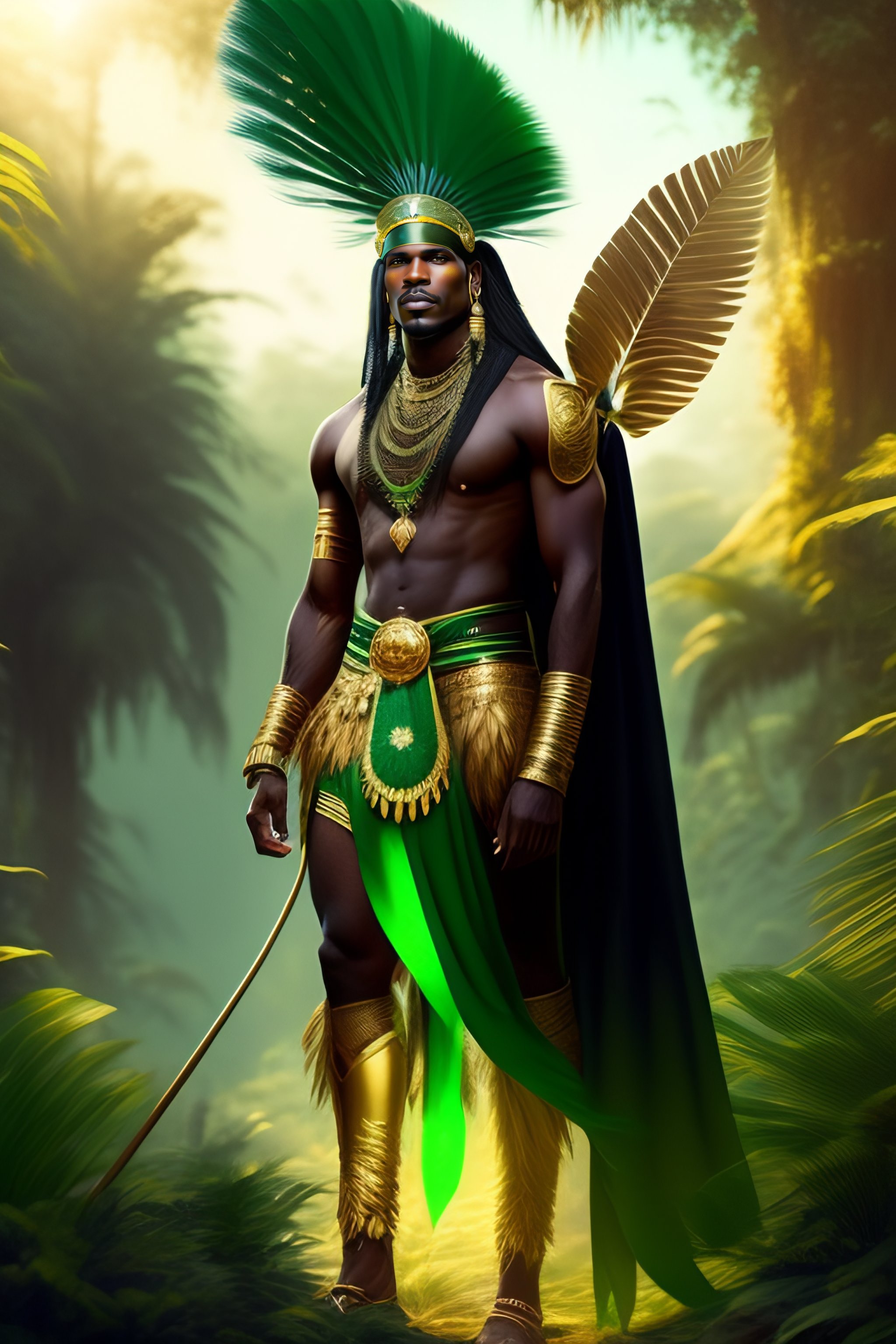 Lexica - Beautiful indigenous black man with green indian headdress on ...