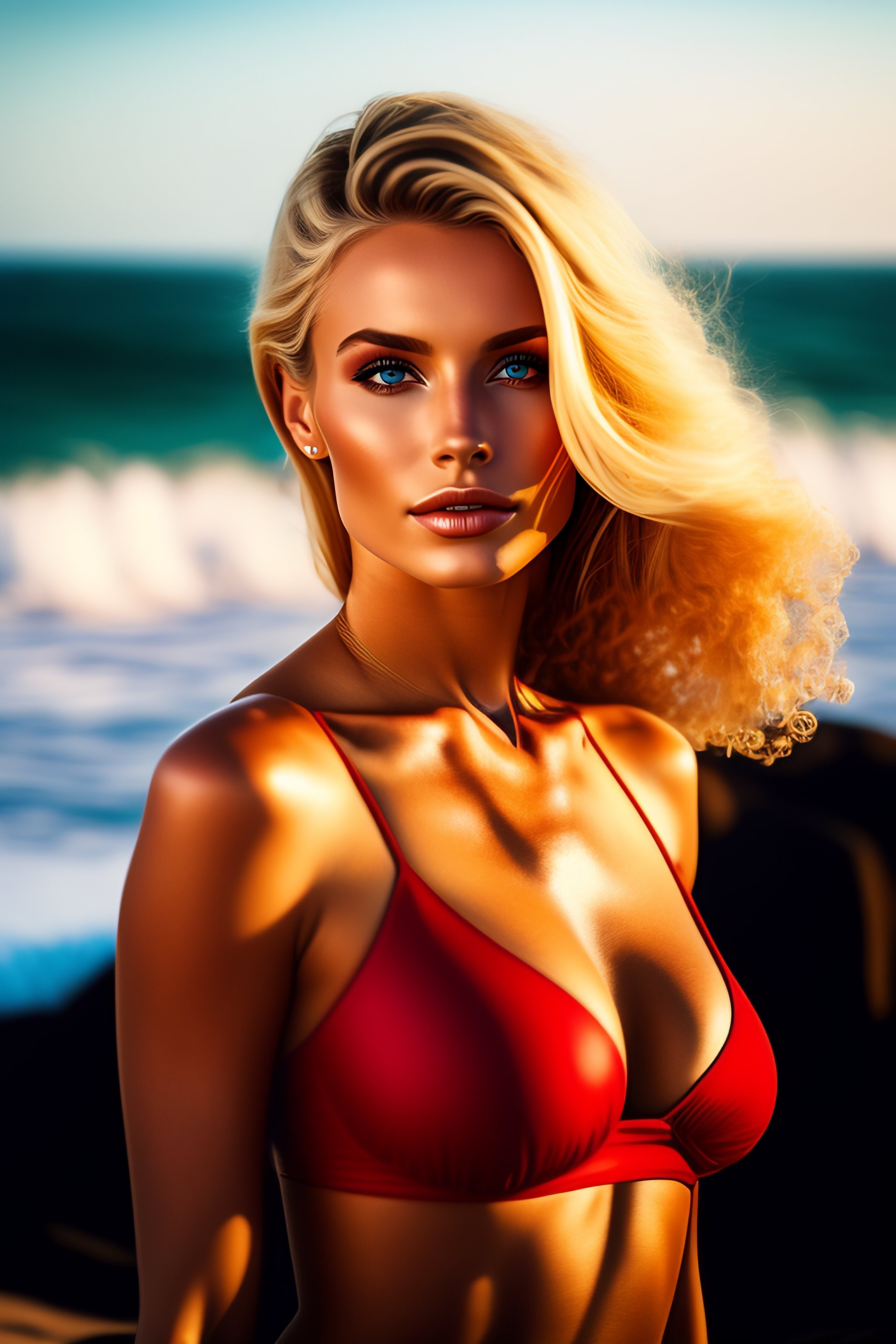 Lexica - Beautiful blonde haired woman in red bikini lying on a beach with  the ocean in the background, cinematic style