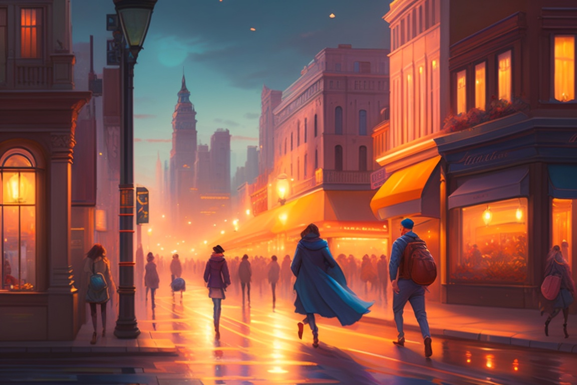 Lexica - A bustling city street at dawn, drenched in the soft hues of ...