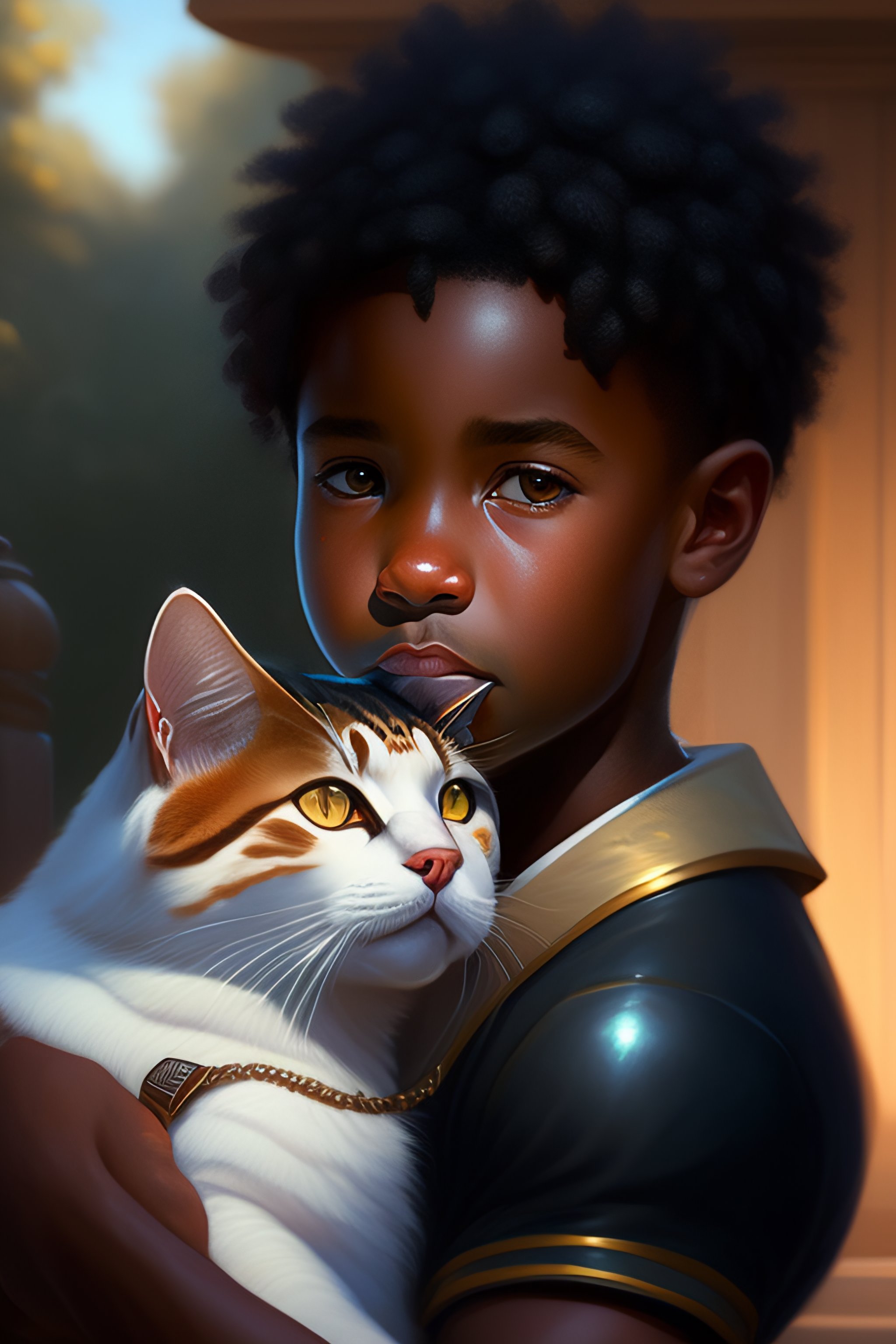 Lexica - A detailed portrait of a cute calm black guy hugging a tabby ...