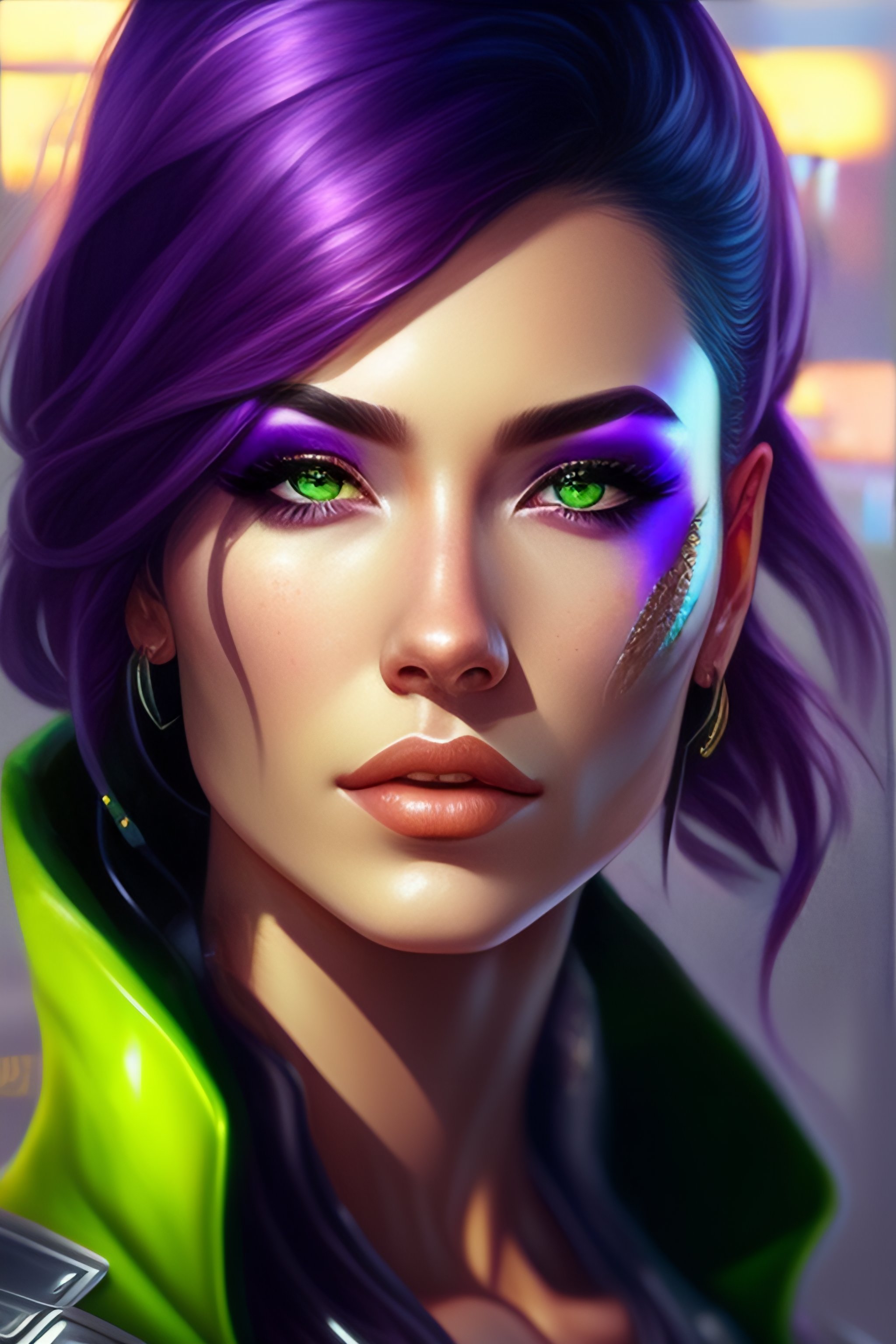 Lexica - Woman, big scar on the nose, green eyes, purple hair, looks ...