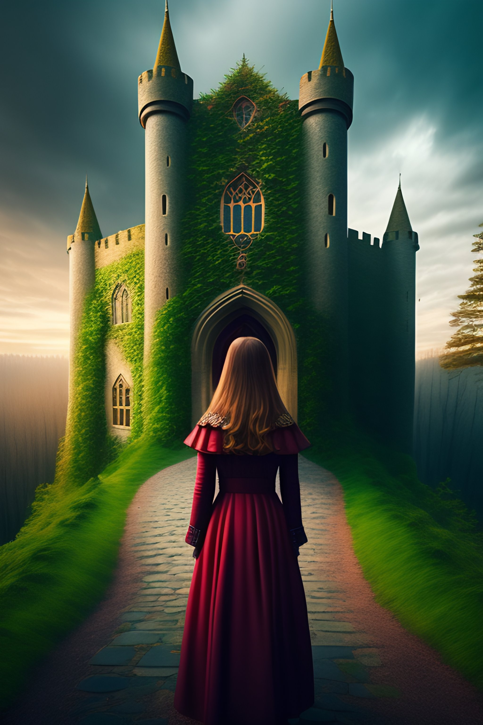Lexica - A girl near a mysterious castle in front of the forest