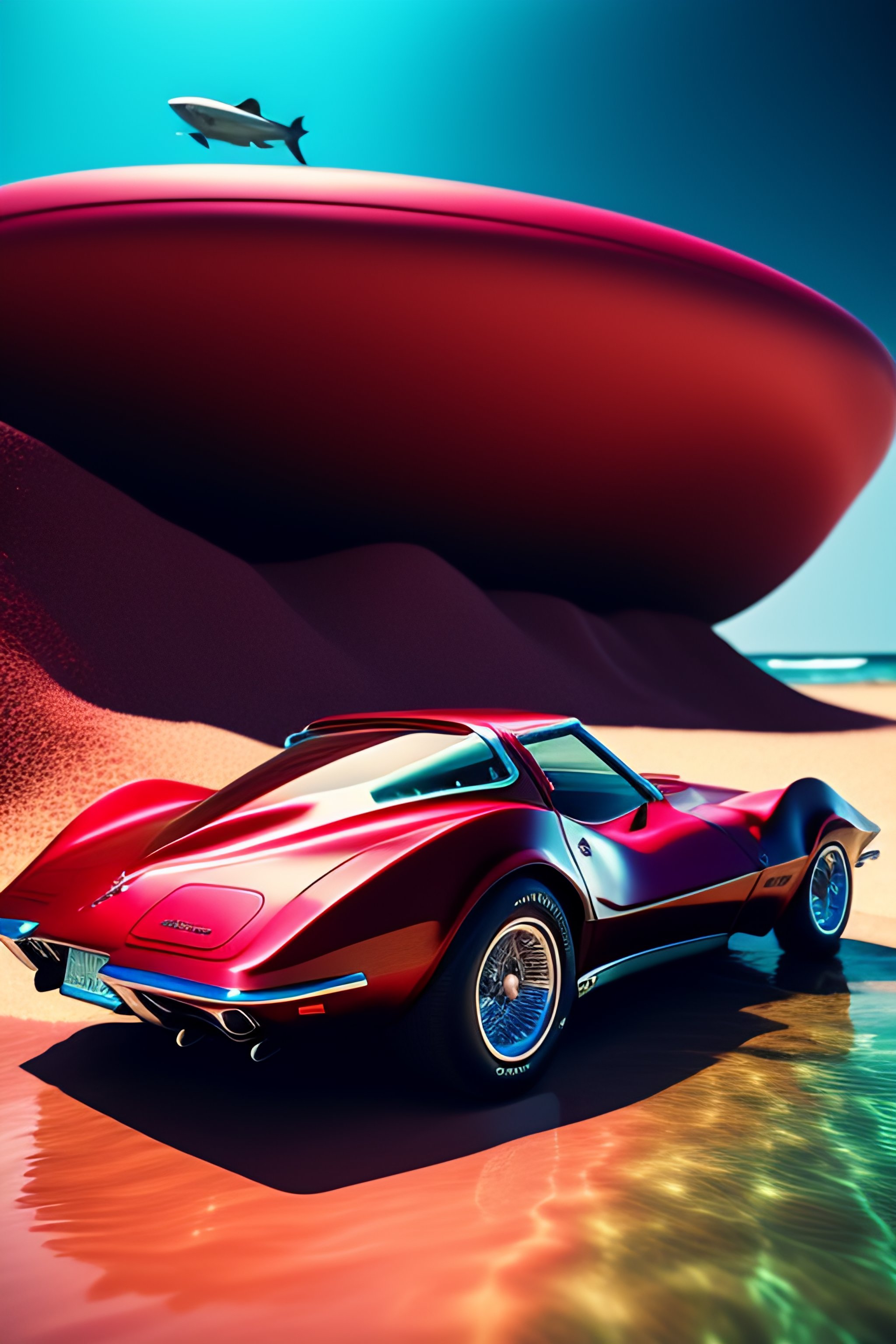 Lexica Burgundy Corvette Underwater Sitting On Ocean Floor