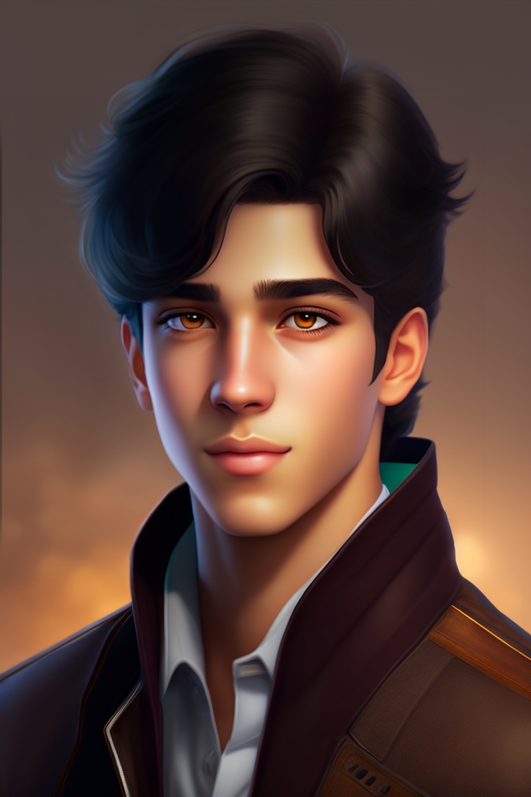 Lexica - A handsome teenage boy with black hair and large, jaded brown eyes