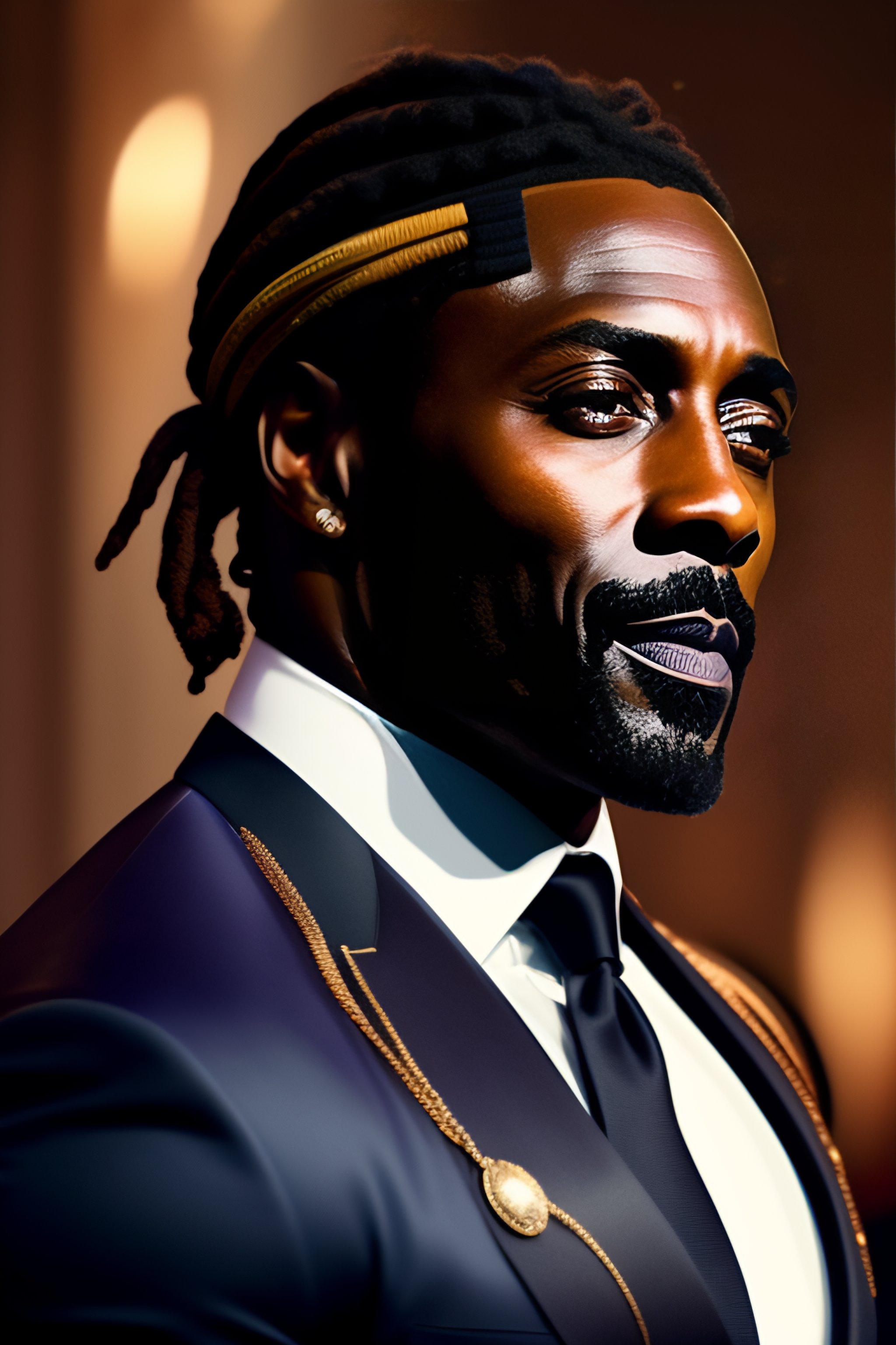 Lexica - Idris Elba, D&D Wizard with staff gem, dreadlock hair