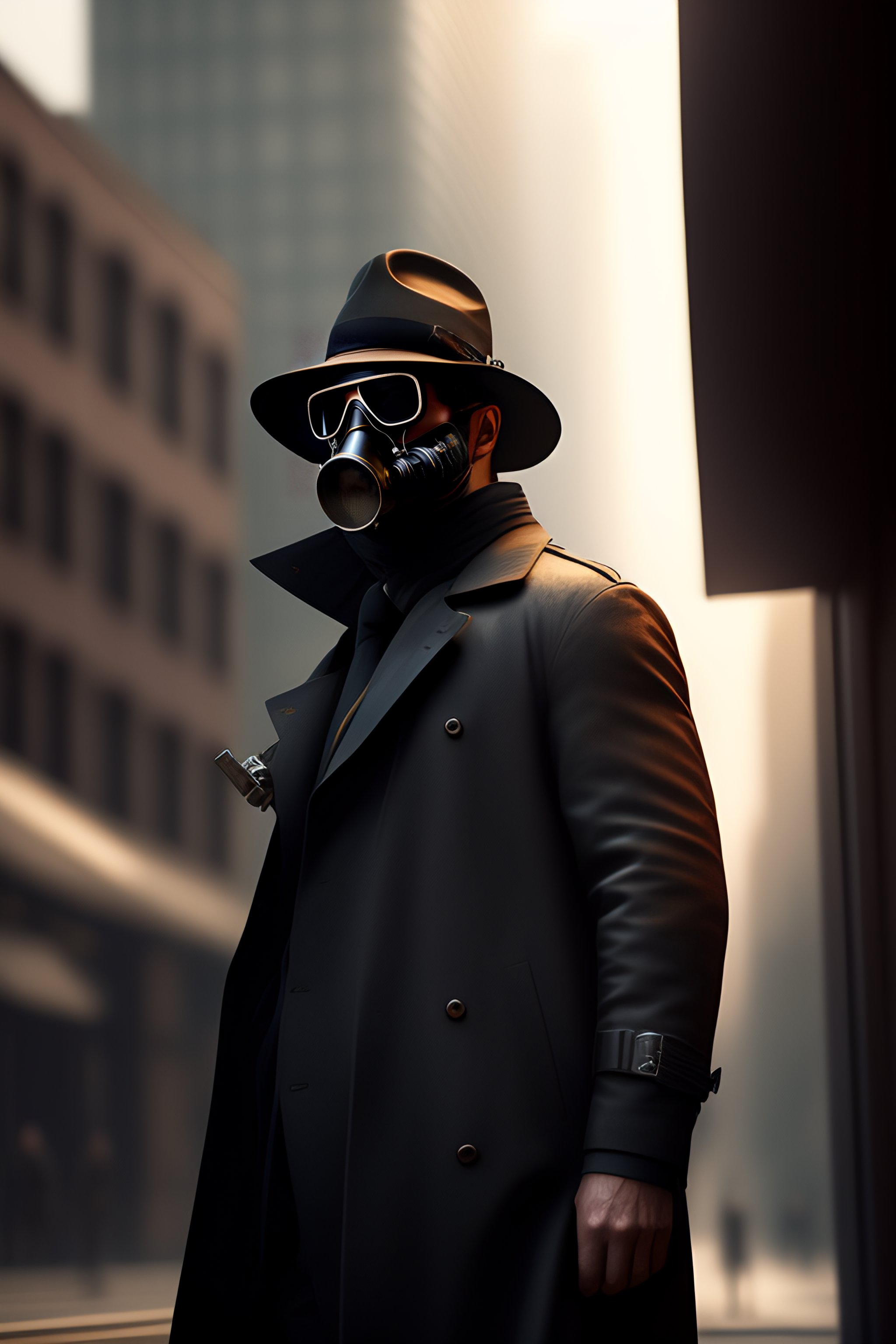 Lexica A man wearing a fedora hat sunglasses trenchcoat and a gas mask neoism darksynth sabattier filter detailed matte painting by Jeremy G