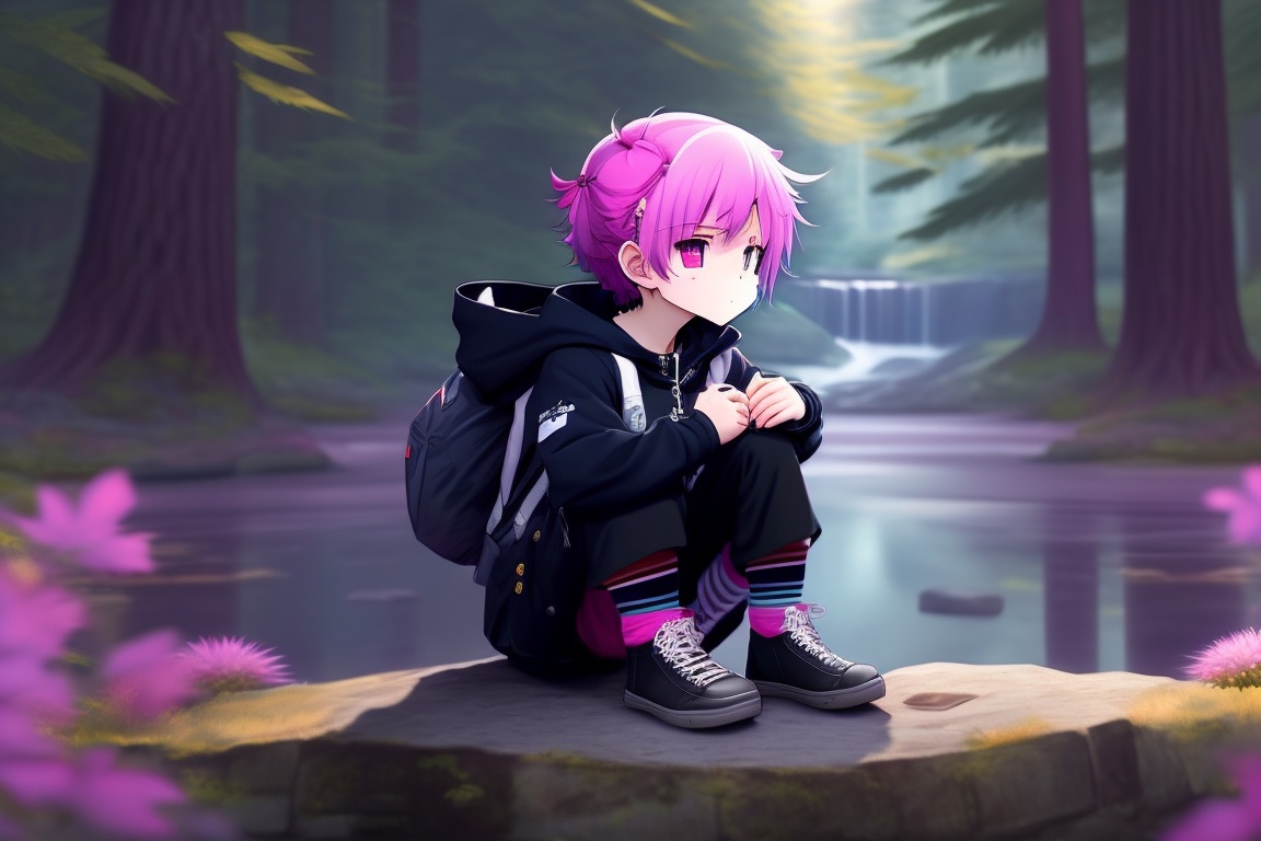 Lexica - Anime character, boy with pink hair, short shoulder-length hair,  wearing a black hooded sweatshirt, a black schoolgirl skirt, black and  whit...