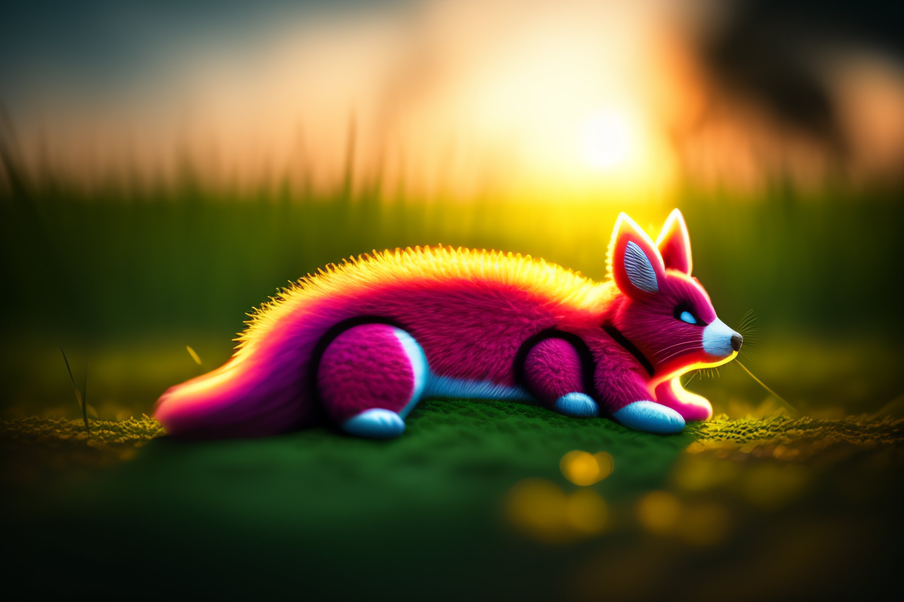 Lexica - Fakemon sleeping in a green meadow, sunset lighting ...