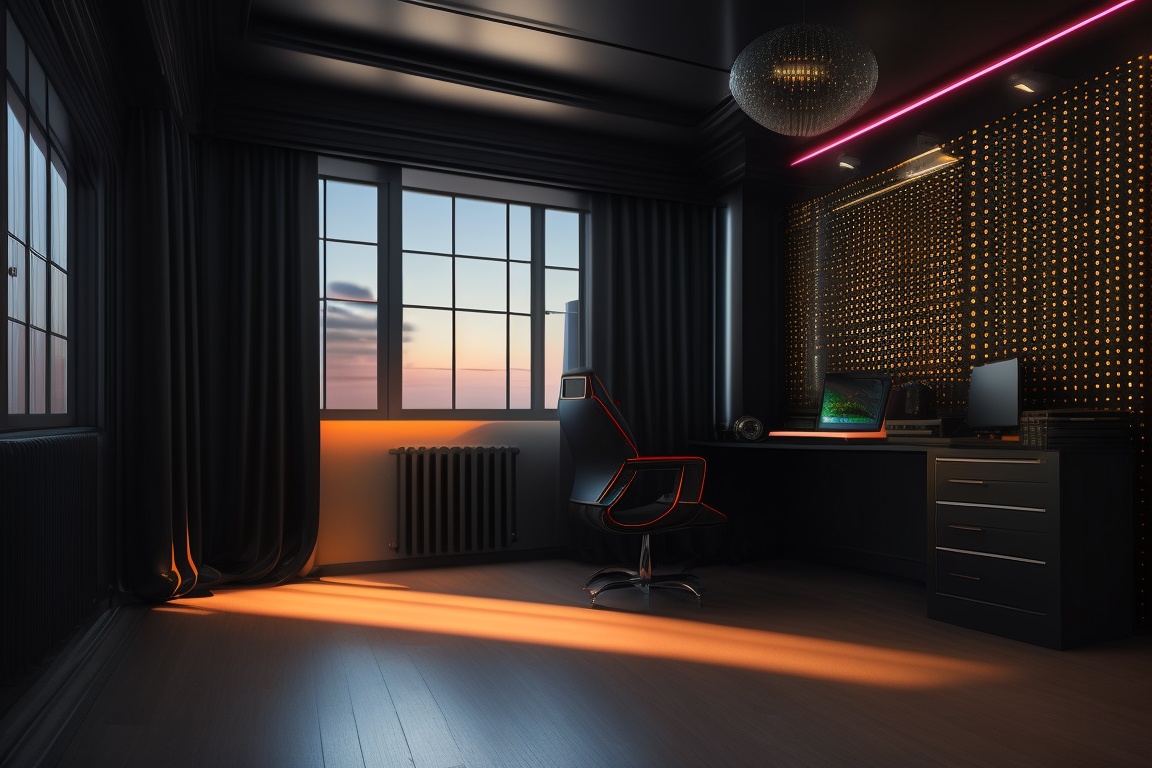 Lexica - Black room, hall, desk, chair, window, cyber style