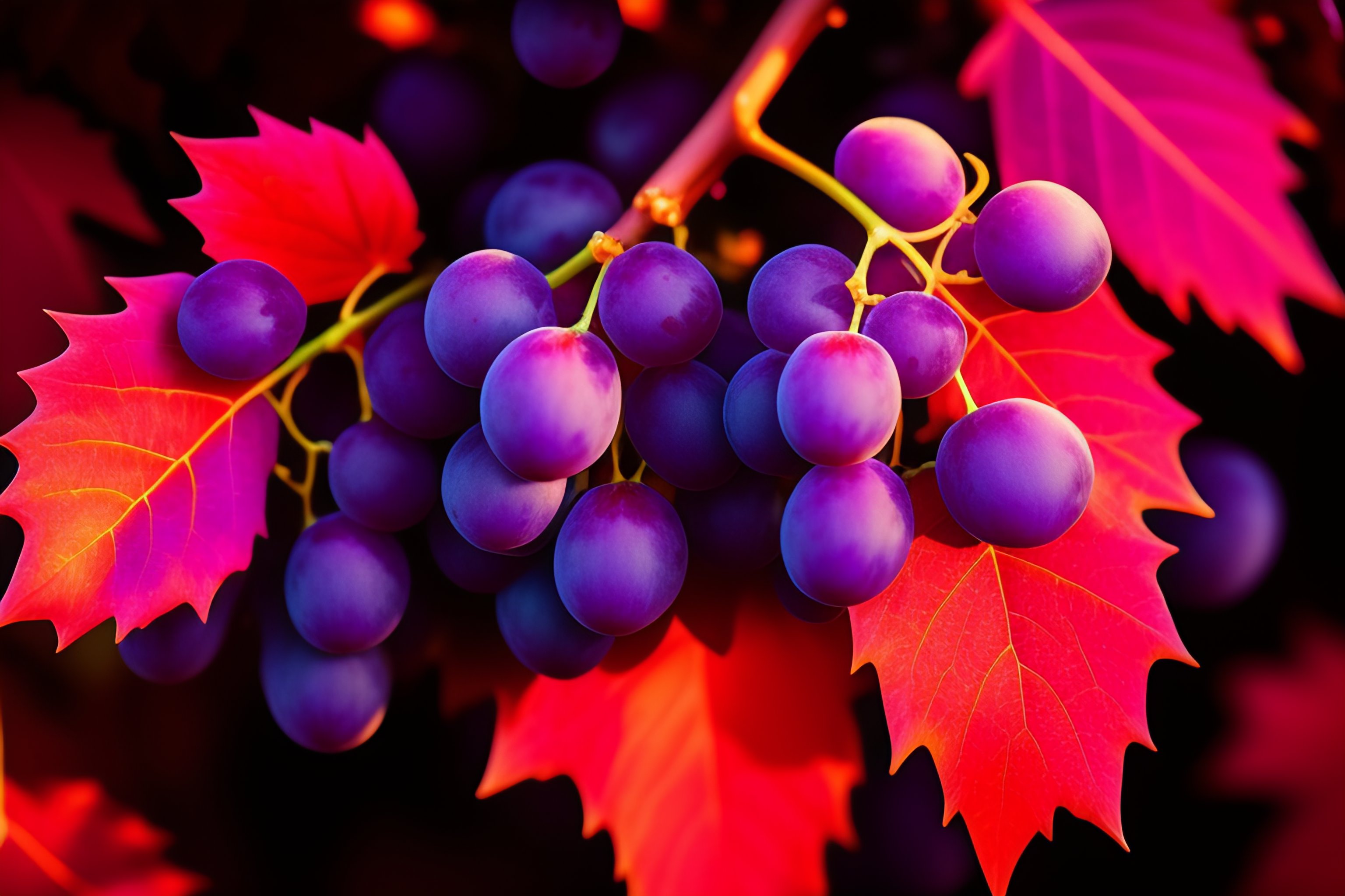 Lexica - Purple grapes on a background of red autumn grape leaves