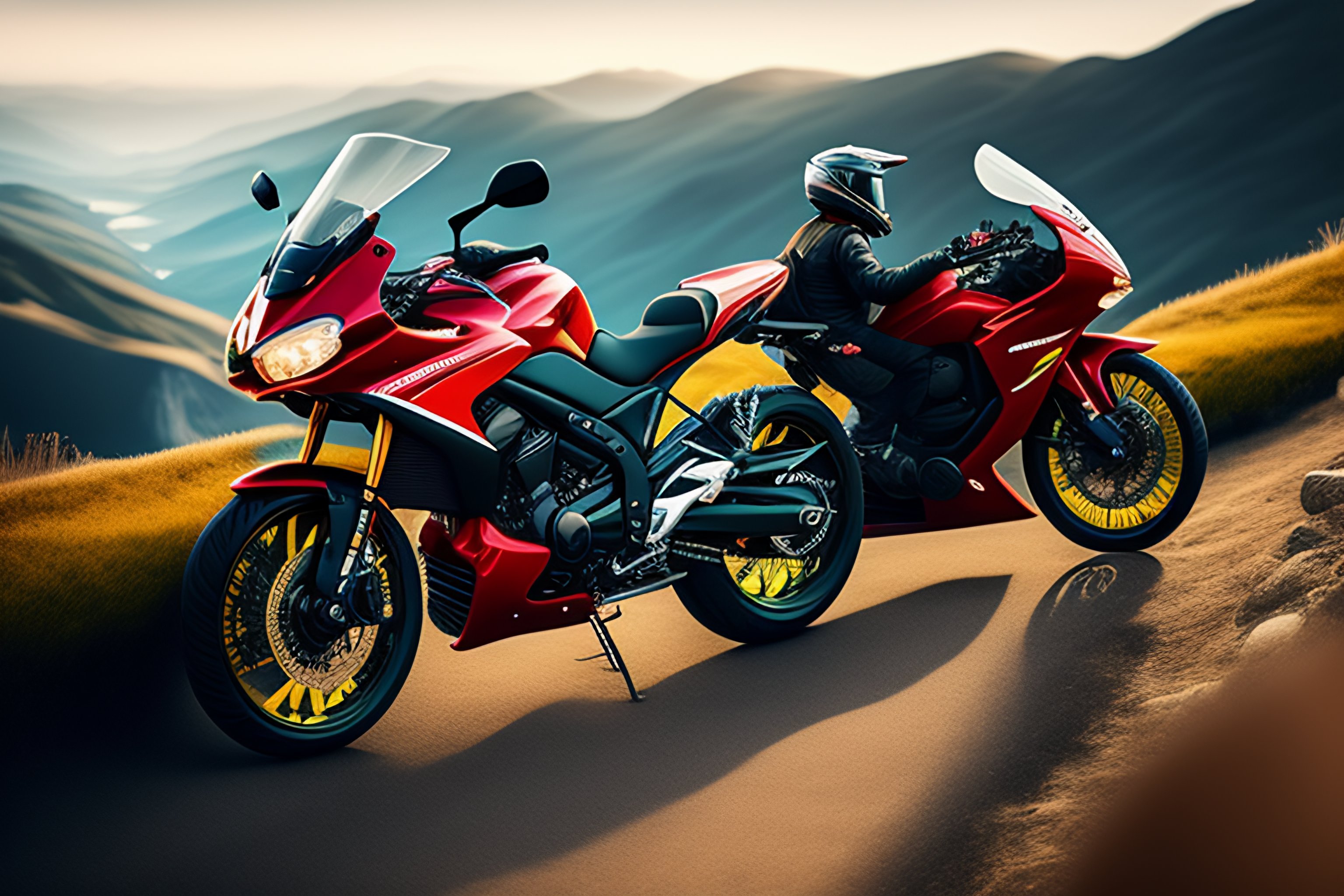 Lexica - Motorcycle next to biker on mountain realistic